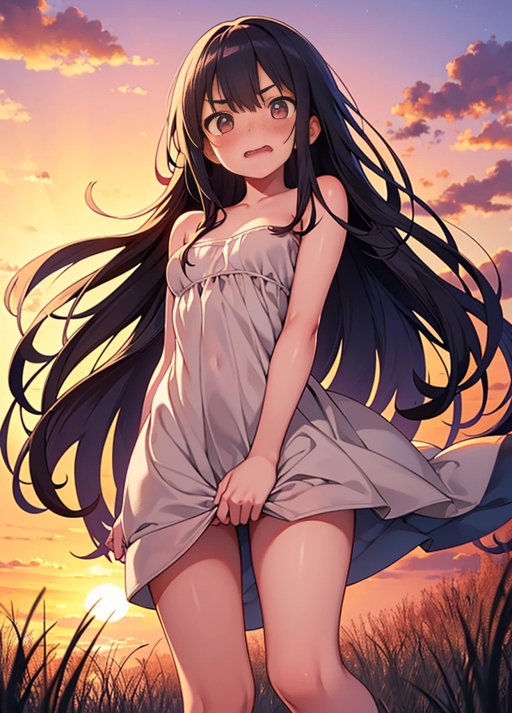 standing, hand between legs, 1girl, sunset, full nude,blush, embarrassed, sunset, outdoors, evening, grass, dusk, twilight, from below, angry, wavy mouth