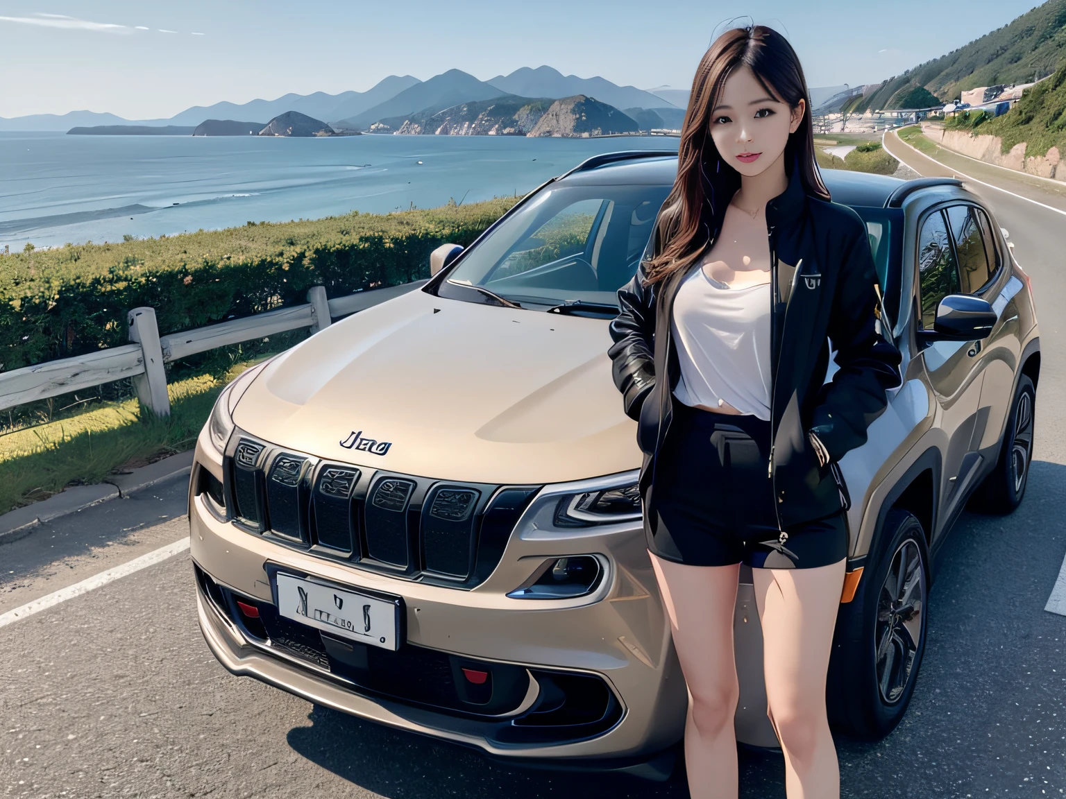 1womanl、Slender woman、sports jacket、Competition between beautiful women and sports cars、超A high resolution、An ultra-high picture quality、8K、Wonderful expression with attention to detail、early summer coastline、A white SUV stopped on a mountain road、jeep cherokee