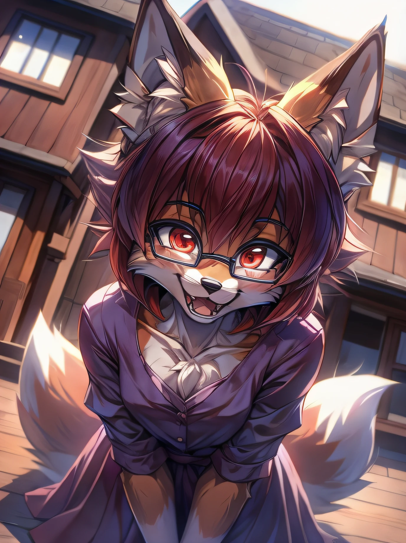 fox furry girl with short red hair, fluffy hair shy, beautiful red eyes, wearing glasses,  very  fluffy tail, small chest, ************, happy , happy mouth, young body, Good girl, wearing a cute purple modest cute outfit, leaning over, cheering,  in front of a house, being adorable, proud girl, wanting to be loved, low perspective, back perspective