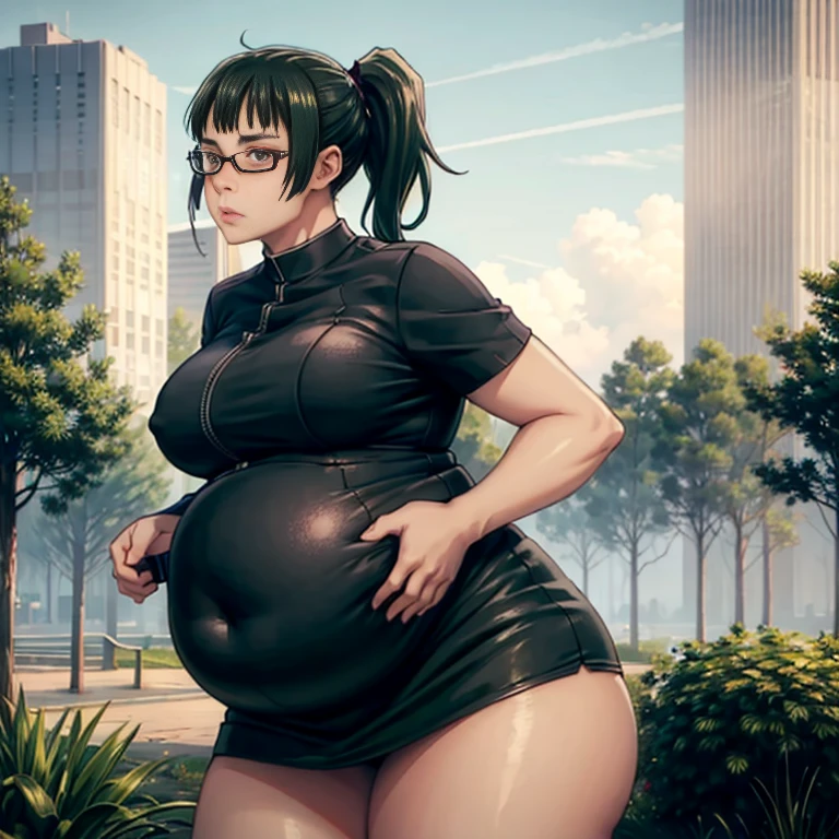 art by kipteitei, 1girl, dark green hair , hair in pony tail, maki zenin from the anime jujutsu kaisen, big plump belly, huge belly, pretty face, nose, lips, beautiful eyes, circle glasseest quality, masterpiece, 4k, sharp focus), professional photograph, sharp focus, dramatic, award winning, cinematic lighting, octane render, unreal engine, volumetrics dtx,