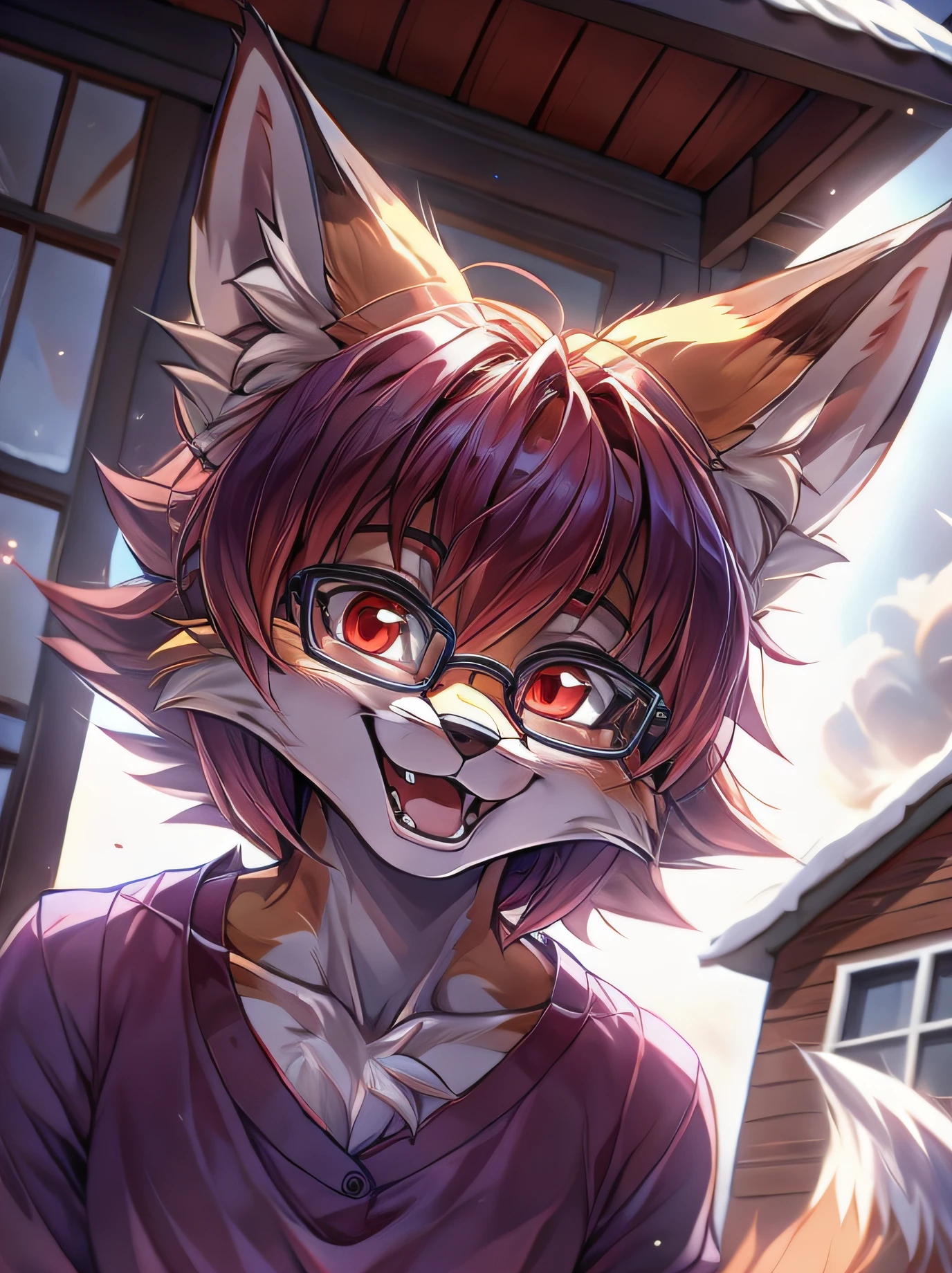 fox furry girl with short red hair, fluffy hair shy, beautiful red eyes, wearing glasses,  very  fluffy tail, small chest, ************, happy , happy mouth, young body, Good girl, wearing a cute purple modest cute outfit, leaning over, cheering,  in front of a house, being adorable, proud girl, wanting to be loved, low perspective, back perspective