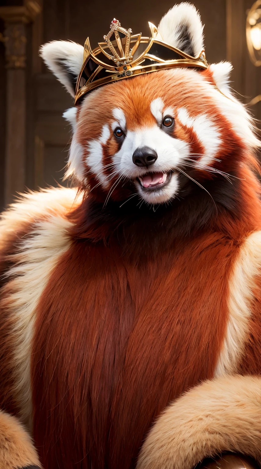 Not human, Masterpiece,king of red panda,wear a crown, luxury fur,polish, high resolution 8k, crazy detail, realistic, professional photography, 8k UHD, SLR camera, soft lighting, high quality, film grain, Fujifilm XT3