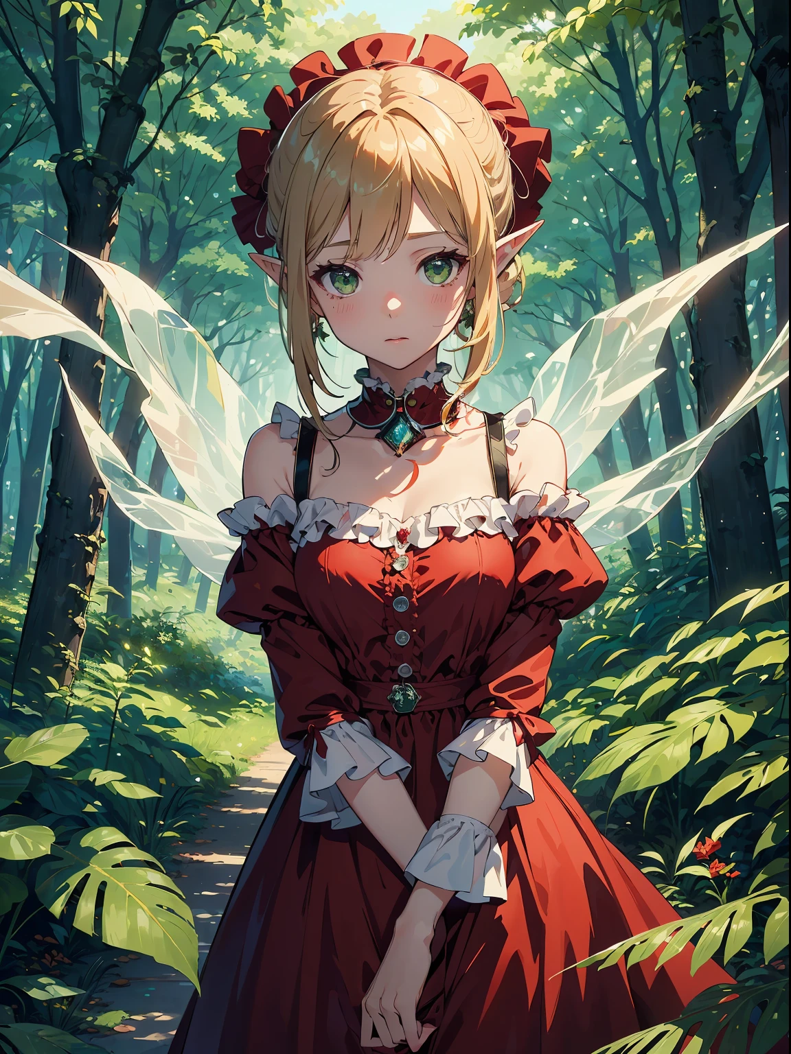 (​masterpiece, top-quality, supreme, Official Art, Beautifully Aesthetic, long exposure time: 1.2), Smooth movement, Charming Patterns, one girls, (long dress with ruffled sleeves: 1.3), (((Red clothes))), upper body closeup,  shoulders​, little ukrainian girl, red blush, Black leaf hair, portraitures, 独奏, The upper part of the body, looking at the observer, 细致背景, A detailed face, (Crystallized AI, Crystal theme:1.2), Elemental Wood Elf, Rotating leaves, Control Leaf、Wine red colored clothes、dynamicposes、particles floating、ethereal dynamics、fronds、steams、forest in background、green tint、the woods、Ethereal Atmosphere、
