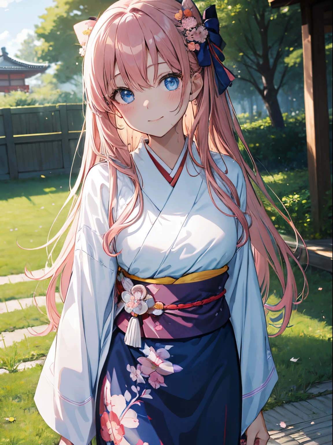 nodokaharamura, Nodoka Haramura, Blue eyes, Hair Bow, Long hair, Pink hair, Bow, Beautiful flowers々Park in full bloom、A smile、A delightful!　Taisho period in Japan、White color kimono、Hakama、standing on the grass、absolute reference to center、A girl with a cute smile no matter who sees her, High resolution, Unity 8k壁纸, (Illustration:0.8), (Beautiful detailed eyes:1.6), extra detailed face, Perfect Lighting, extremely details CG, (Perfect hands, Perfect Anatomy),