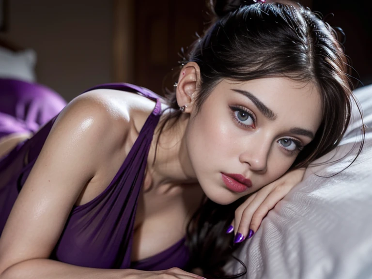 1girl, sidelocks, ,large breasts , mature female, horny ,16k, glowing eyes, detailed 4k eyes,,seduction,sexy lips, parted lips,detailed lips, red lips, high detailed background,((big purple eyes)), detailed face,shiny skin, auntjunev3,auntjune,hair bun, bangs, messy hair, dress,red dress, sleeveless dress, collarbone,nightgown, cleavege, , hard , laying down on bed, laying on back looking up, photorealistic 1.4, ultra hd,16k ultra hd, high quality v1, dreamy eyes, ultra realistic light, ultra realistic shadow