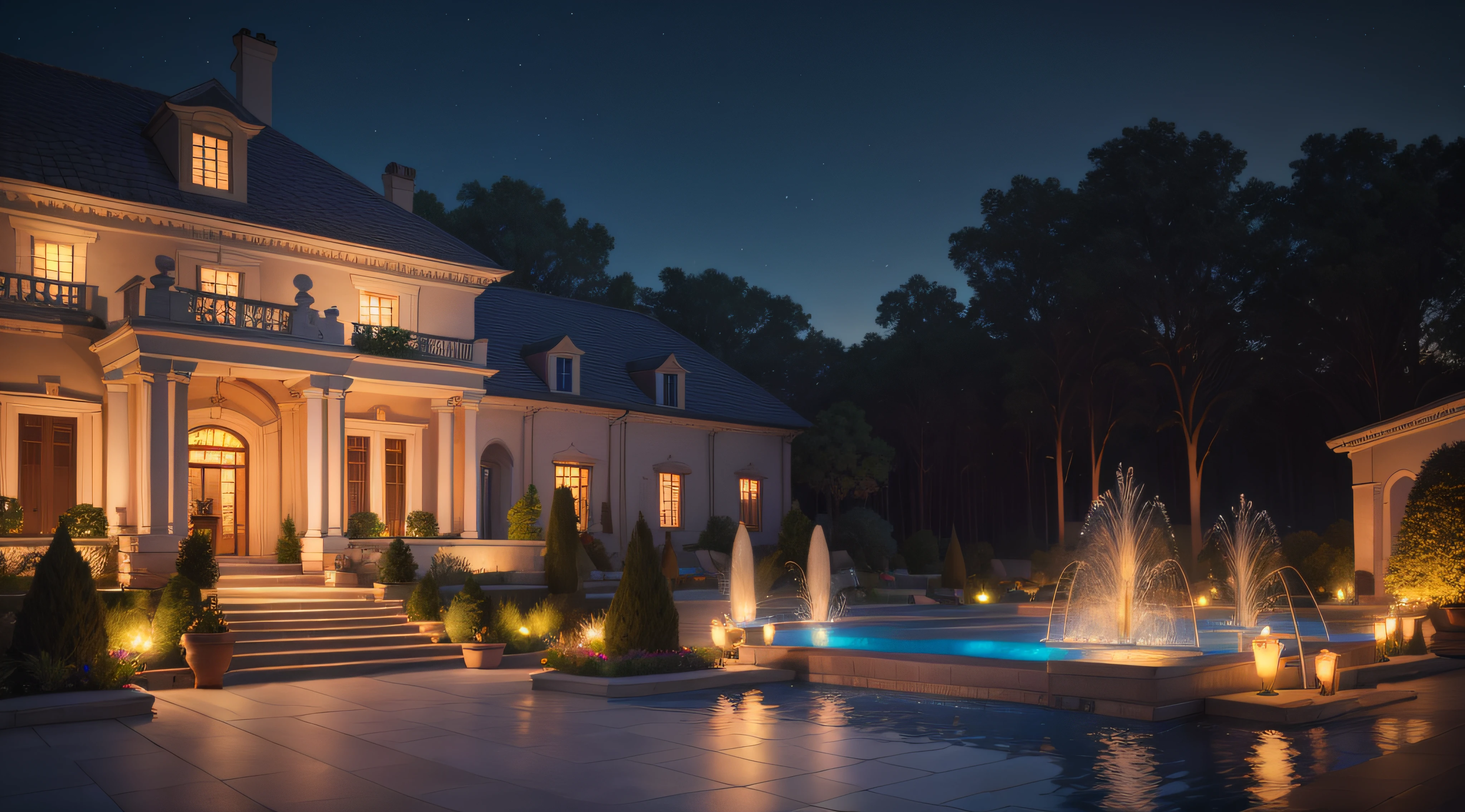 New Year atmosphere，jubilant，Night view of mansion with swimming pool and fountain, night time render, natta, Night setting, Shoot at night, nighttime scene, Rendering in Lumion Pro, Shot with Sony A7R camera, during night, volume evening light, hd render, set at night, Epic spacious courtyard, author：·Gijemski