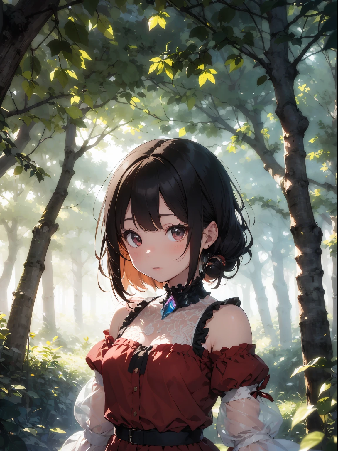 (masterpiece, top-quality, supreme, Official Art, Beautifully Aesthetic, long exposure time: 1.2), Smooth movement, Charming Patterns, one girls, (long dress with ruffled sleeves: 1.3), (((Red clothes))), upper body closeup, bare shoulders, little ukrainian girl, red blush, Black leaf hair, portraitures, 独奏, The upper part of the body, looking at the observer, 细致背景, A detailed face, (Crystallized AI, Crystal theme:1.2), Elemental Wood Elf, Rotating leaves, Control Leaf、Wine red colored clothes、dynamicposes、particles floating、ethereal dynamics、fronds、steams、forest in background、green tint、the woods、Ethereal Atmosphere、