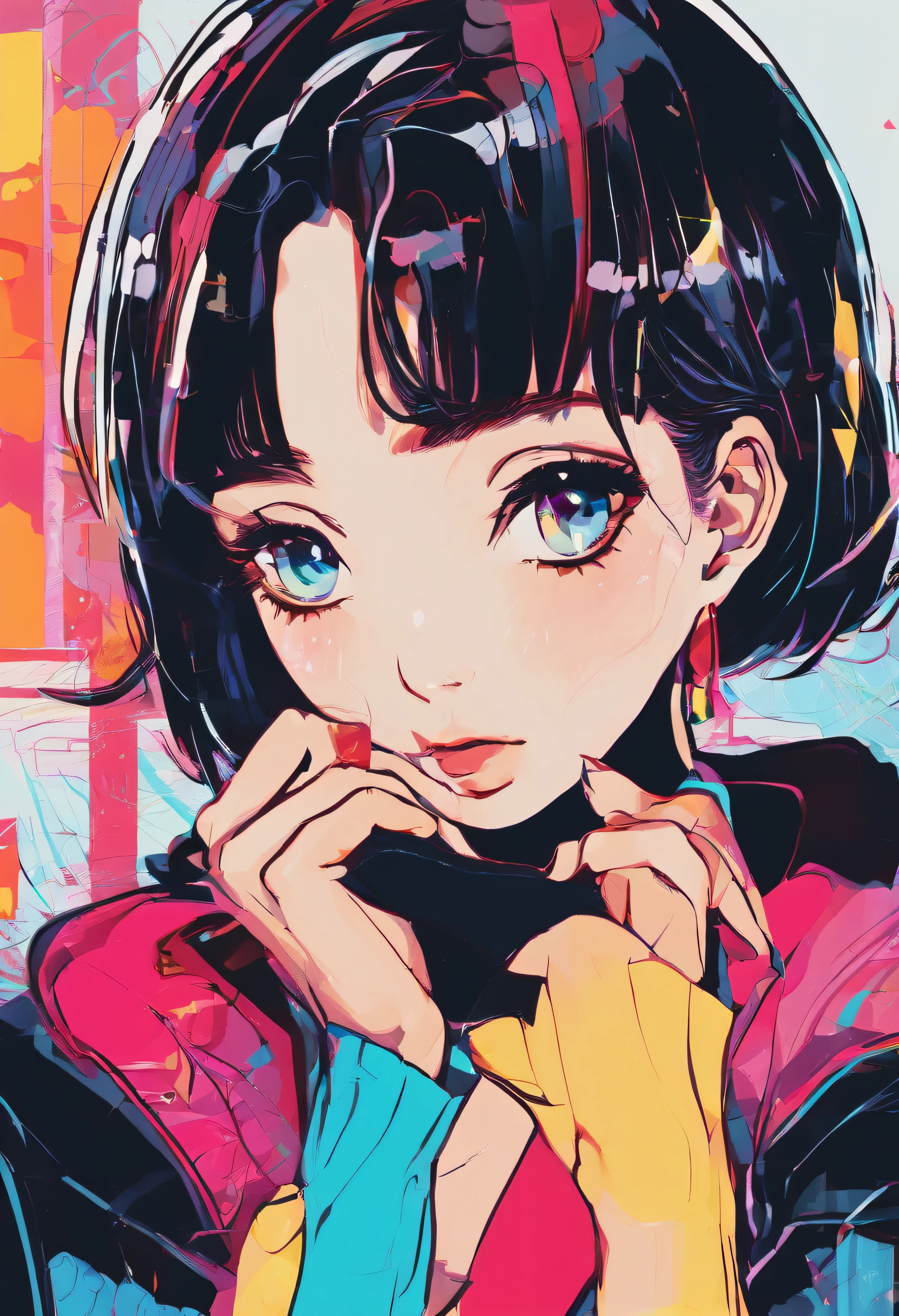 Oil Style、digitalart、1990s anime style、Black Hair Bob、Japan beautiful girl、18year old