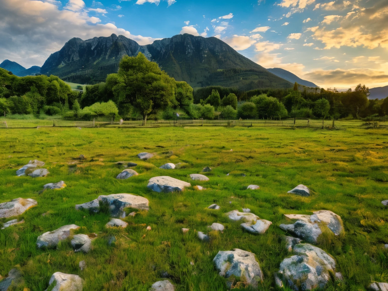 ultra wide angle, ultra detailed, (masterpiece: 1.3, sharp focus:1.5, photorealistic:1.3), bokeh, lush farmland background, (European stone cottage), stunning view, excellent sunset view