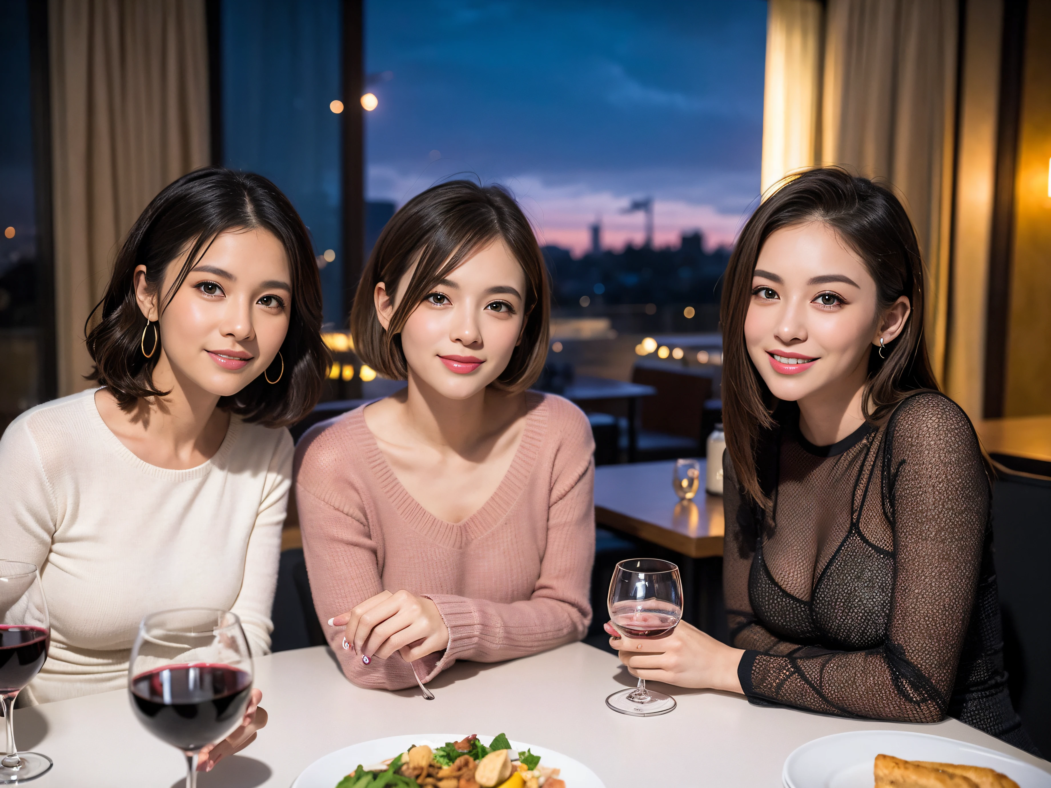 (64k uhd、nffsw、top-quality、​masterpiece:1.2)、(realisitic、Photorealsitic:1.37)、ultra-detailliert、wine glasses、enjoying a glass of wine、a matural female、Two beautiful women、(Slim Faces)、(Slim body)、（brawn hair）、(short-cut)、smiling french woman、happy italian girl、British woman、Americana、blush a little on the cheeks、(38 years)、42 year old、red wine、A beautiful and detailed night view spreads out outside the window...、resturant、Wine glasses in a prominent place、natta、(from waist up)、sitting on、date、(A smile:1.15)、Beautiful detailed eyes、Cashmere sweater、long-sleeved dresses、japanes、(short-hair:1.2)、Float NovaFrogStyle、、modeled、from waist up、white wine、Slimed、wine glasses、Super beautiful night view、Put the wine glass in the middle、Happy smile、(8K、Raw photography、top-quality、​masterpiece:1.2)、(realisitic、Photorealsitic:1.37)、ultra-detailliert、超A high resolution、2 females、see the beholder、beautifull detailed face、A smile、Constriction、(Slim waist) :1.3)、knit shirt、Beautiful detailed skin、Skin Texture、floated hair、professional light needle breast、eyes gentle