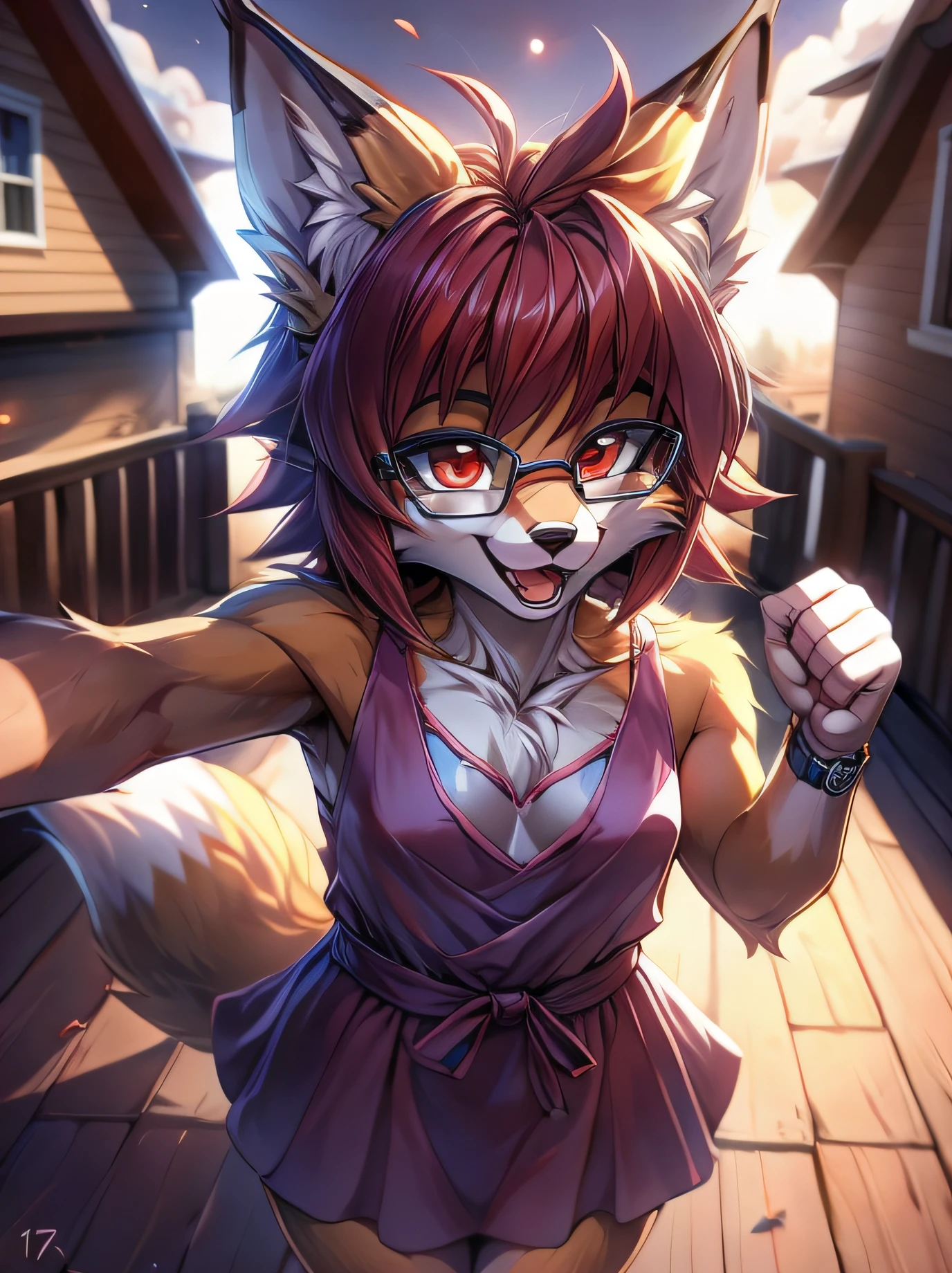 fox furry girl with short red hair, fluffy hair shy, beautiful red eyes, wearing glasses,  very  fluffy tail, small chest, ************, happy , happy mouth, young body, Good girl, wearing a cute purple modest cute outfit, leaning over, pointing at a watch,  in front of a house, being adorable, proud girl, wanting to be loved, low perspective, back perspective