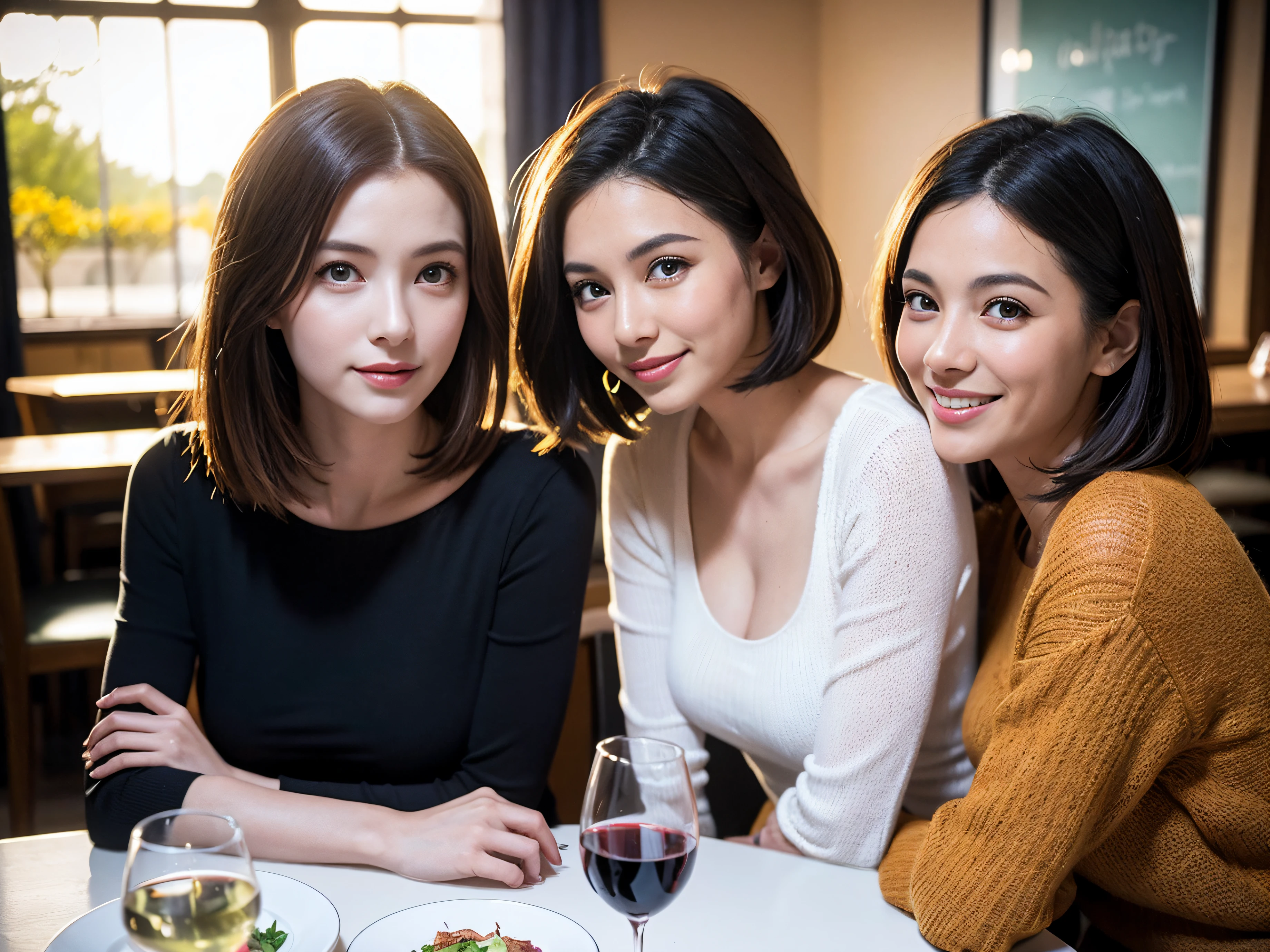 (64k uhd、nffsw、top-quality、masterpiece:1.2)、(realisitic、Photorealsitic:1.37)、ultra-detailliert、wine glasses、enjoying a glass of wine、a matural female、Two beautiful women、(Slim Faces)、(Slim body)、(brawn hair)、(short-cut)、Latino、smiling french woman、happy italian girl、British woman、Americana、blush a little on the cheeks、(38 years)、42 year old、red wine、A beautiful and detailed night view spreads out outside the window.......、resturant、Wine glasses in a prominent place、natta、(from waist up)、sitting on、date、(A smile:1.15)、Beautiful detailed eyes、Cashmere sweater、long-sleeved dresses、japanes、(short-hair:1.2)、Float NovaFrogStyle、、modeled、from waist up、white wine、Slimed、wine glasses、Super beautiful night view、Put the wine glass in the middle、Happy smile、(8K、Raw photography、top-quality、masterpiece:1.2)、(realisitic、Photorealsitic:1.37)、ultra-detailliert、超A high resolution、2 females、see the beholder、beautifull detailed face、A smile、Constriction、(Slim waist) :1.3)、knit shirt、Beautiful detailed skin、Skin Texture、floated hair、professional light needle breast、eyes gentle