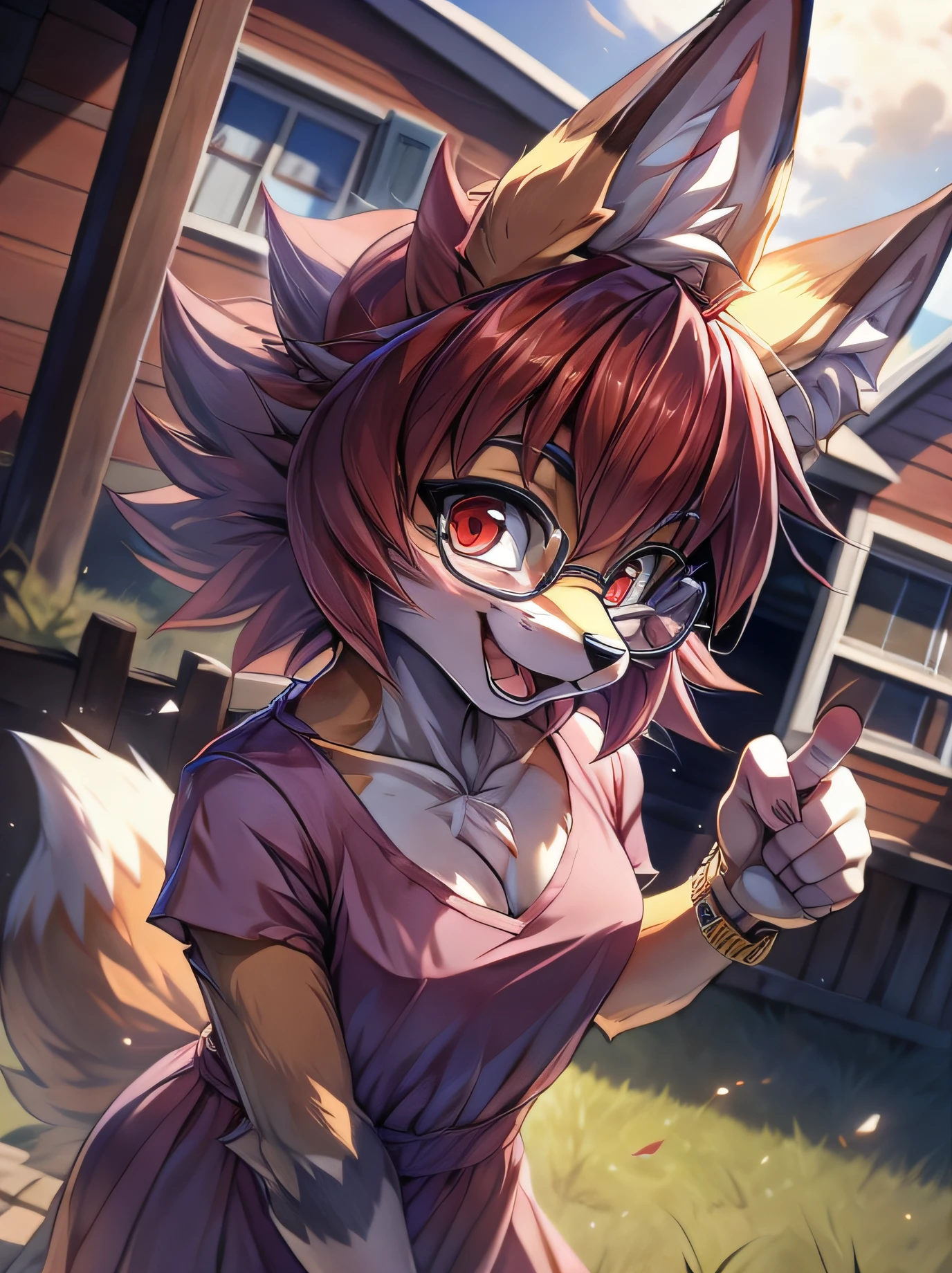 fox furry girl with short red hair, fluffy hair shy, beautiful red eyes, wearing glasses,  very  fluffy tail, small chest, , happy , happy mouth, young body, Good girl, wearing a cute purple modest cute outfit, leaning over, pointing at a watch,  in front of a house, being adorable, proud girl, wanting to be loved, low perspective, back perspective