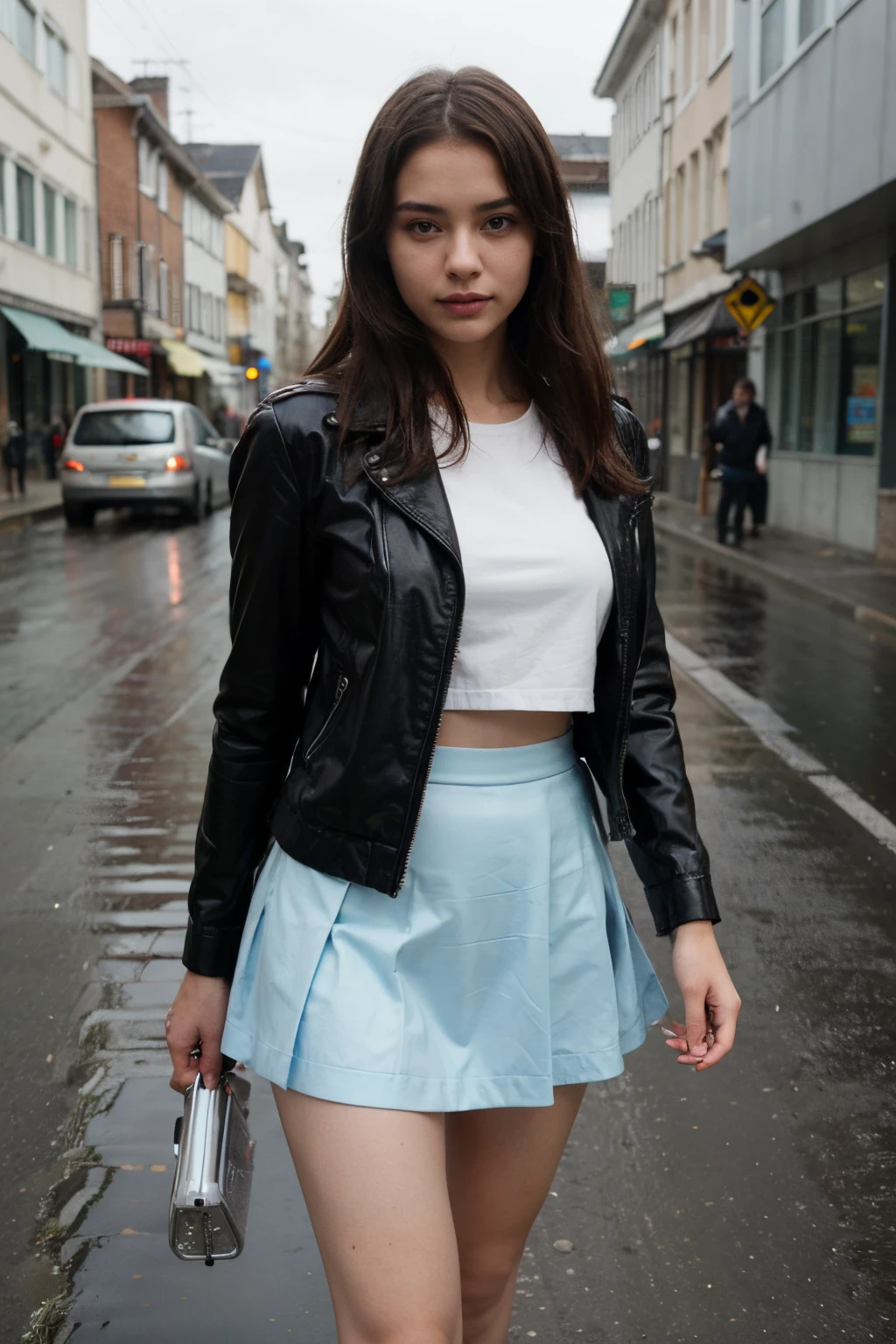 A busy road with rainy day.
There is a beautiful girl wearing opened latex jacket showing sailor school uniform with light blue skirt