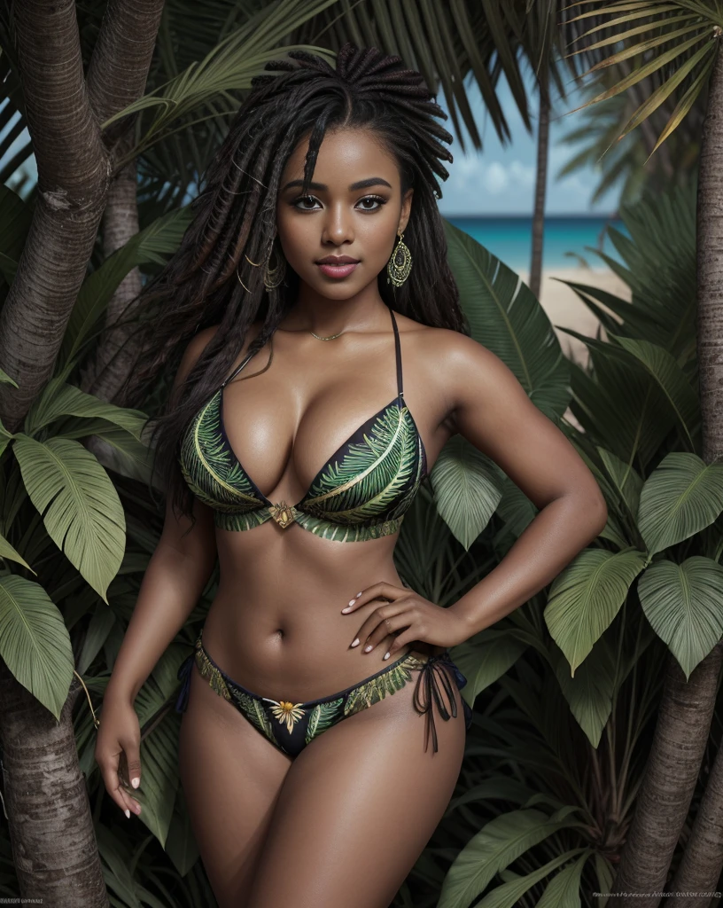 (best quality,ultra-detailed,highres:1.2),realistic,detailed drawing,beautiful sexy mulatto woman,curly hair,,river,bikini,cannabis plant,harmonious background,,sensual pose,curvy body,green tropical vibes,,