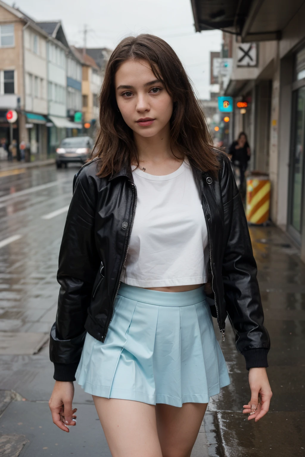 A busy road with rainy day. 
There is a beautiful girl with shaggy hair wearing opened black latex jacket showing sailor school uniform with light blue skirt