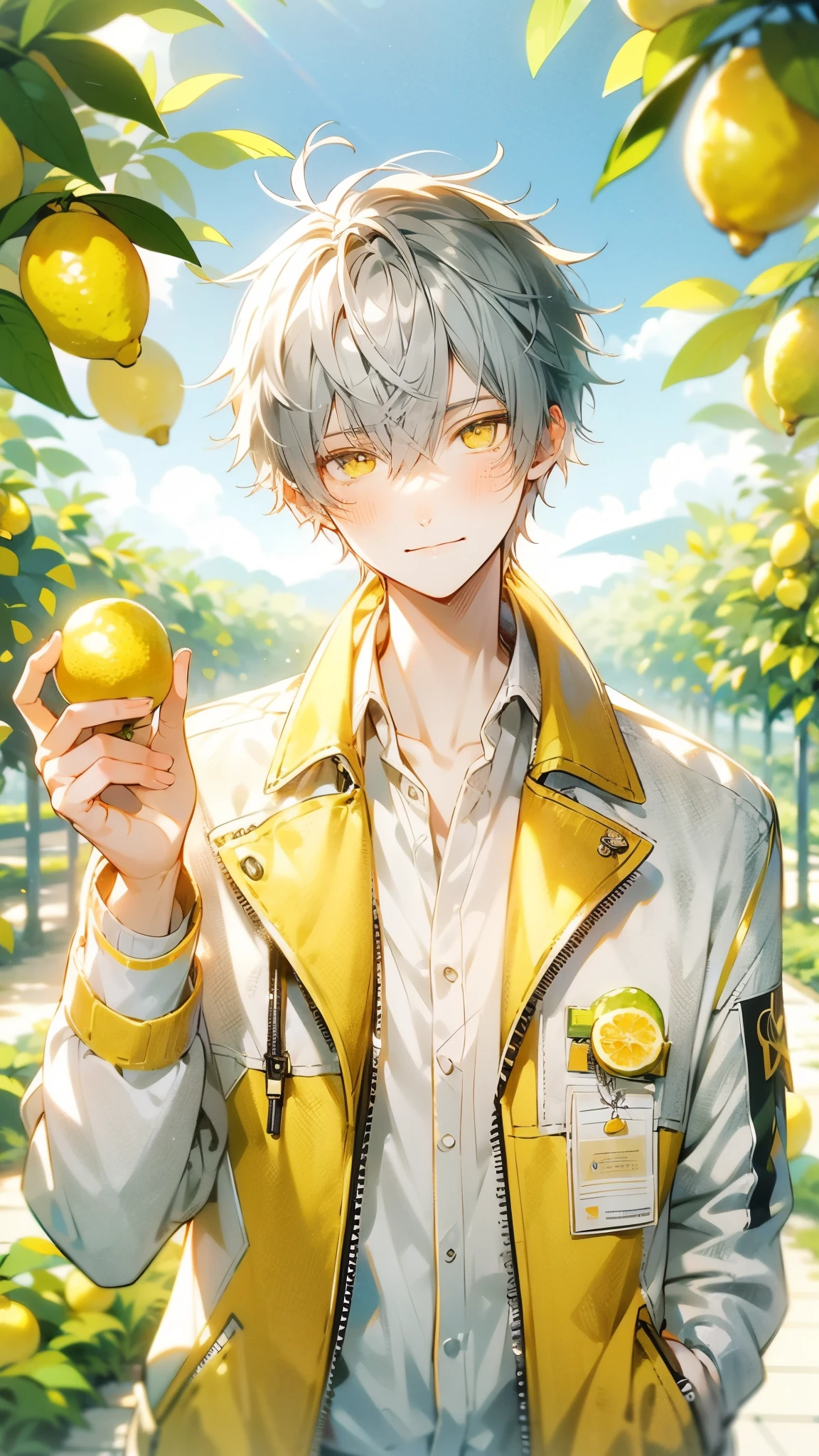 Handsome young man, silver hair, lemon yellow eyes, modern lemon-colored jacket, white shirt, holding lemon, calm smiling expression, lemon badge, scenic lemon orchard background, diagonal angle view, airy light, lemon fragrance impression, high quality, Pixiv-style, detailed delicate line drawings, soft muted colors, expression and posture focus.