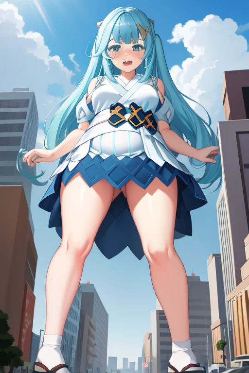 Giant maiden，Moe two-dimensional style，Pregnancy status，Round belly，Gaze at the bustling city, Lying down, Burp, Burping, Loud burp, Really loud burp, Growling belly, Japanese traditional clothes, Embarrassed, Full body