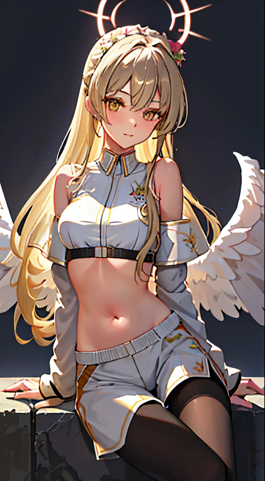 （tmasterpiece：1.6，Best quality），（Eyes are thin and beautiful：1.2），（top of head），high high quality，beauitful face，1个Giant Breast Girl，Angel wings，angelic halo，Floral headdress，White cropped top，leather short shorts，oversized leather jacket，cropped shoulders，Long blonde hair and high ponytail，small，Long gray hair，Wide hips，（Side Body），the street，Background with，Detailer face background，your belly。