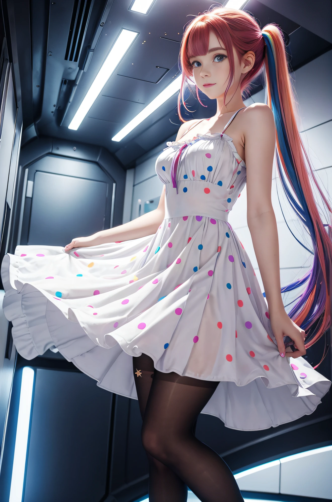 Cute redhead with rainbow colored hair tips, ribbons in her hair, 18-year-old woman, happy, in twin tails, perfect symmetrical eyes, clear sparkling blue eyes, pale skin, silky smooth skin, standing on a fancy metal luxurious space ship, futuristic corridor, dark warm lighting, wearing a futuristic party dress, pleated (chemise) mini dress (pastel rainbow colors, and polka dots), wearing full body pantyhose, cute short cut booties.