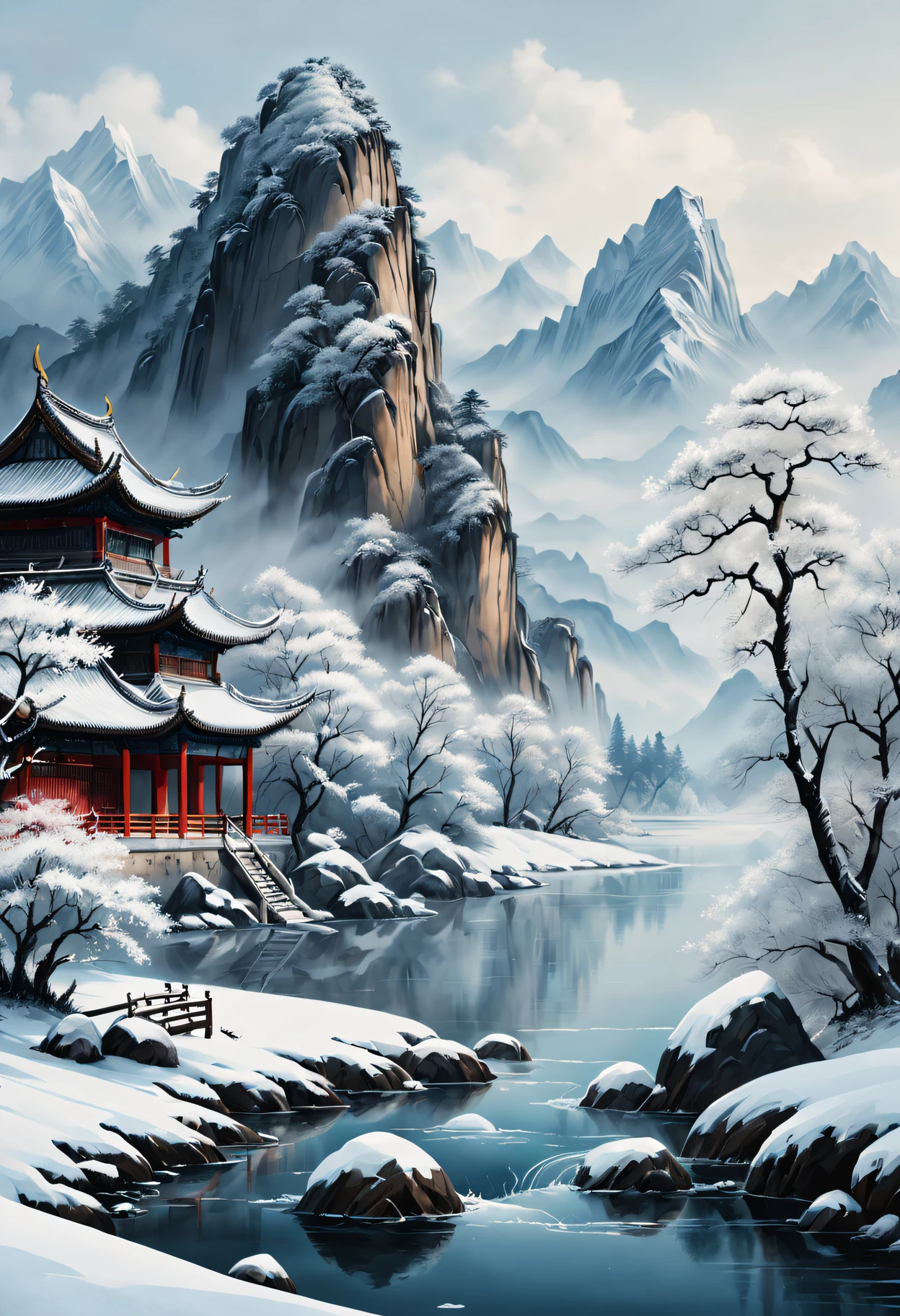 (Best quality,4K,8K,A high resolution,tmasterpiece:1.2),ultra - detailed,(actual,realistically,realisticlying:1.37),Tradition Chinese Ink Painting,Winter wonderland,peaceful scenery,Majestic mountain ranges,snow covered trees,Frozen lake,Peaceful atmosphere,nature elements,Delicate brushstrokes,EtherealBeauty,Black and white contrast,Harmonious composition,exquisite detailing,Beautiful movements,Sublime tranquility,artistic response,sublime beauty,Endless depth,Exquisite artistic craftsmanship,Ancient aesthetics,Spiritual resonance,Traditional ink painting,Signed red seal,subtle flicker,quiet and ,Timeless elegance,mistic,Icy breathing,quiet contemplation,Fascinating visual poetry,cold winter air,Enchanting natural beauty,Unfathomable,a touch of mystery,strokes of life,Harmony in simplicity,Magnificent scene,The wisdom of the ancients,transcendent experience.