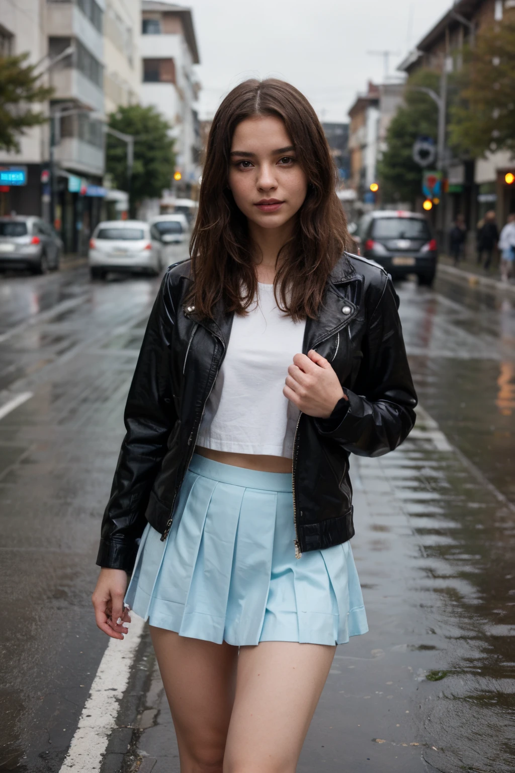 A busy road with rainy day.
There is a beautiful girl with shaggy hair wearing opened black latex jacket showing sailor school uniform with light blue skirt