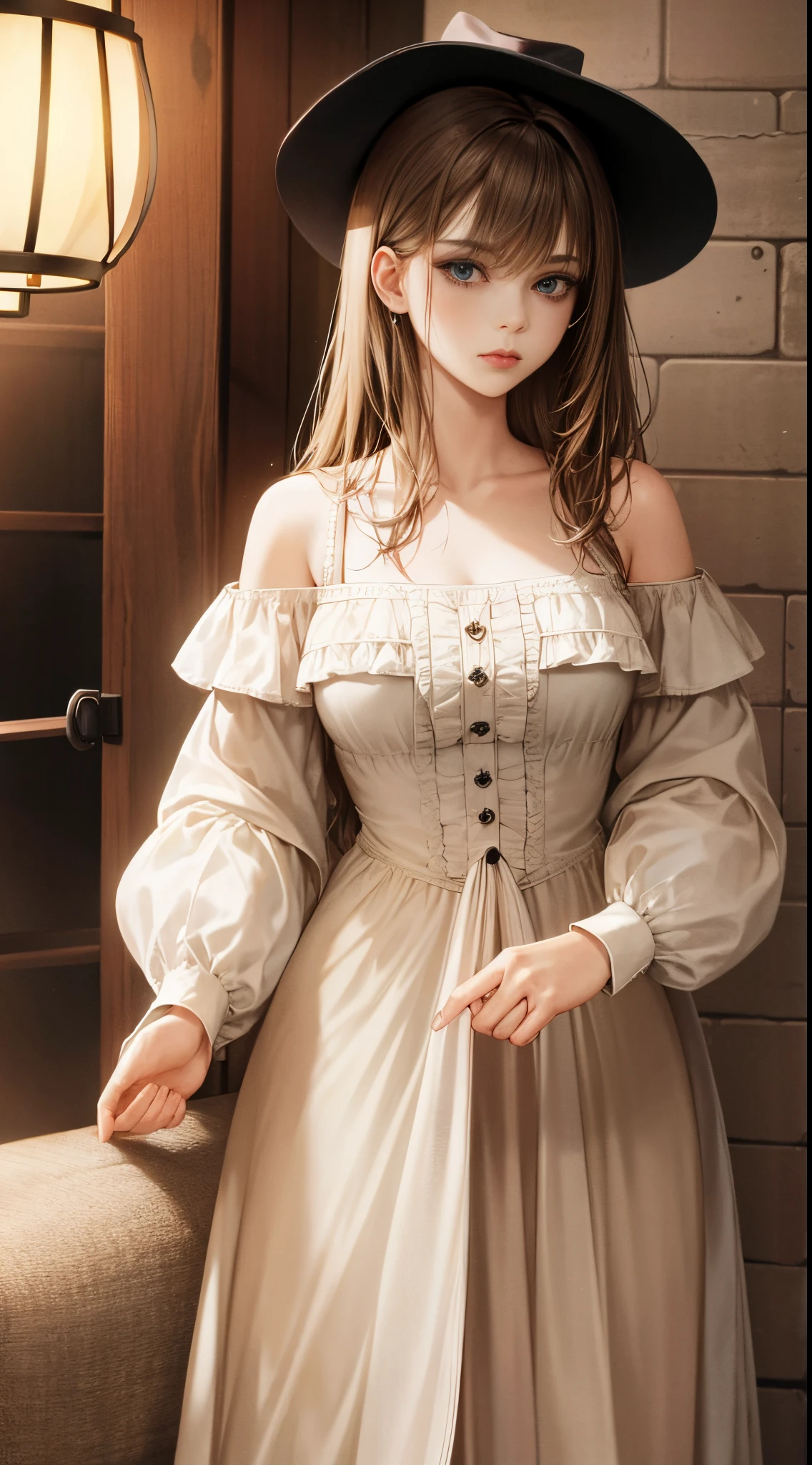 western fantasy,victoriana,A beautyful girl,The stands up,Plain clothing and clothing,No hats,shift dresses,Nightdress,skirt off shoulder