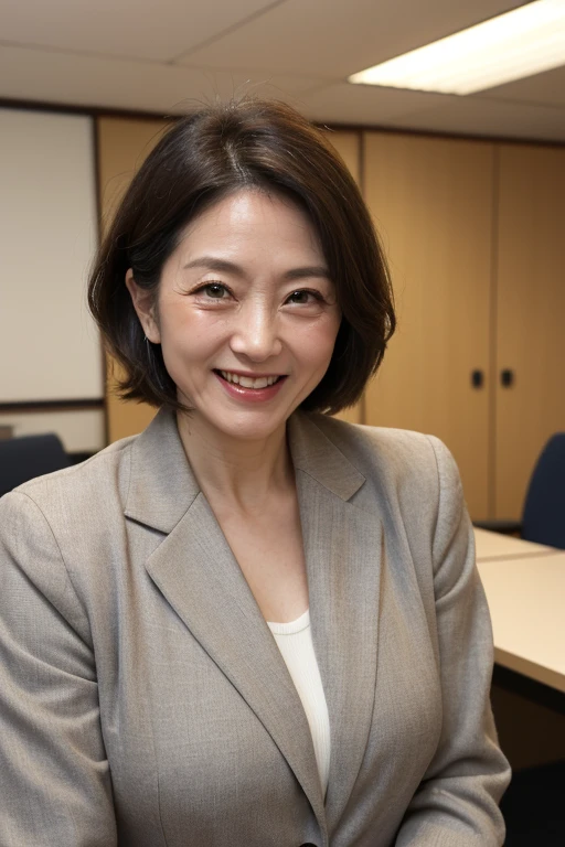 ((unparalleled masterpiece ever,top-quality,Female,55 years old,(Wrinkled face:1.1),(Wrinkled body:1.2),grin,japanese mature,((Scruffy body:1.1)),Business suits,s Office