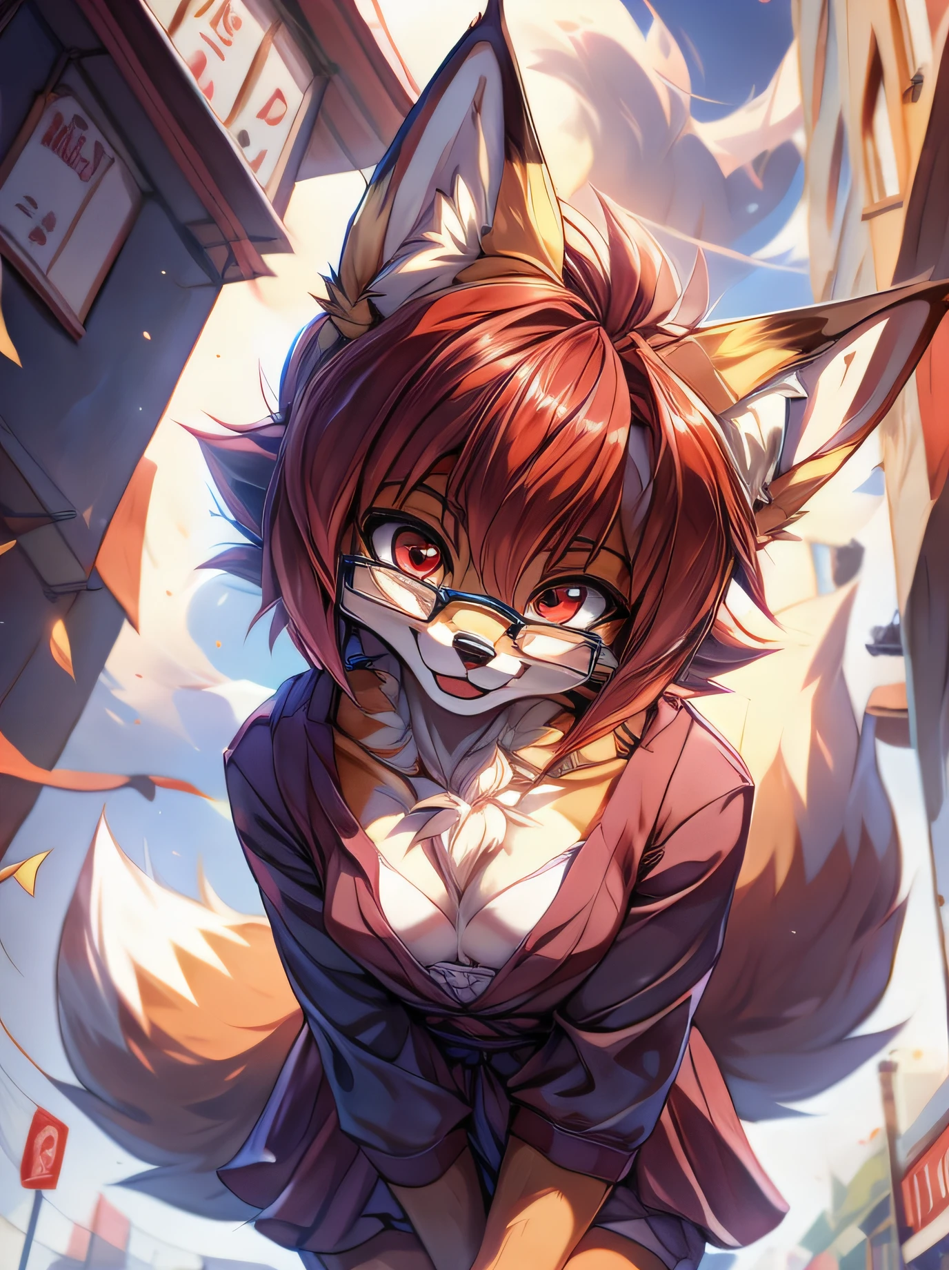 fox furry girl with short red hair, fluffy hair shy, beautiful red eyes, wearing glasses,  very  fluffy tail, small chest, fluffy chest, ************, happy , happy mouth, young body, Good girl, wearing a cute purple modest cute outfit, leaning over, walking in the streets, being adorable, proud girl, wanting to be loved, low perspective, side perspective