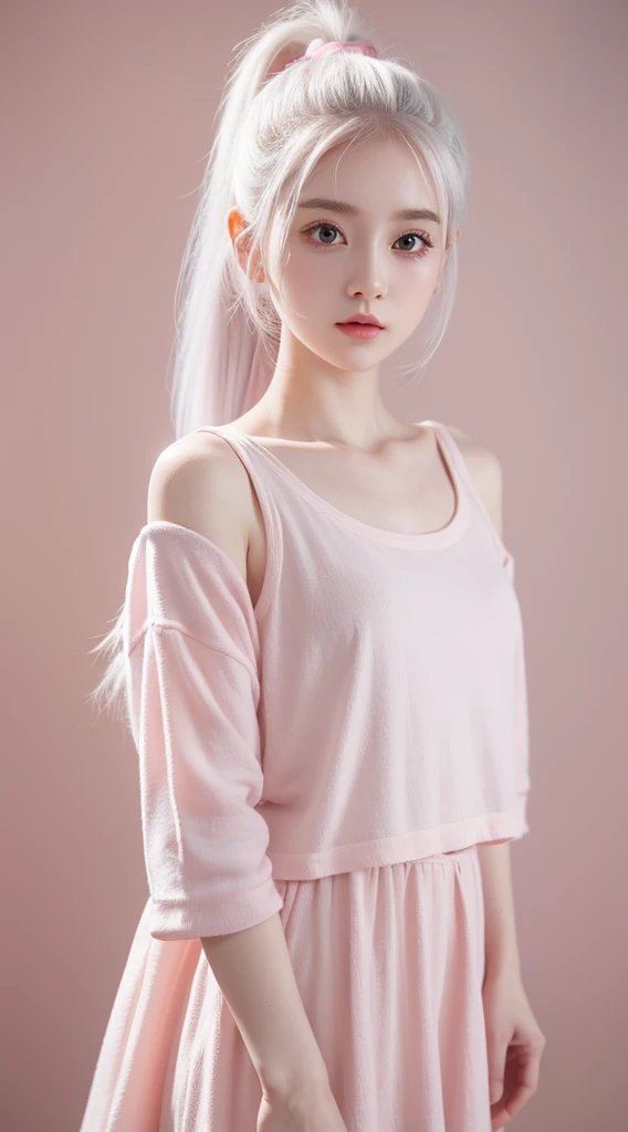 A adorable cute girl standing, pale skin, smooth pale skin, skin tune pink, cute face, white hair, ponytail hair, super detailed, 8k
