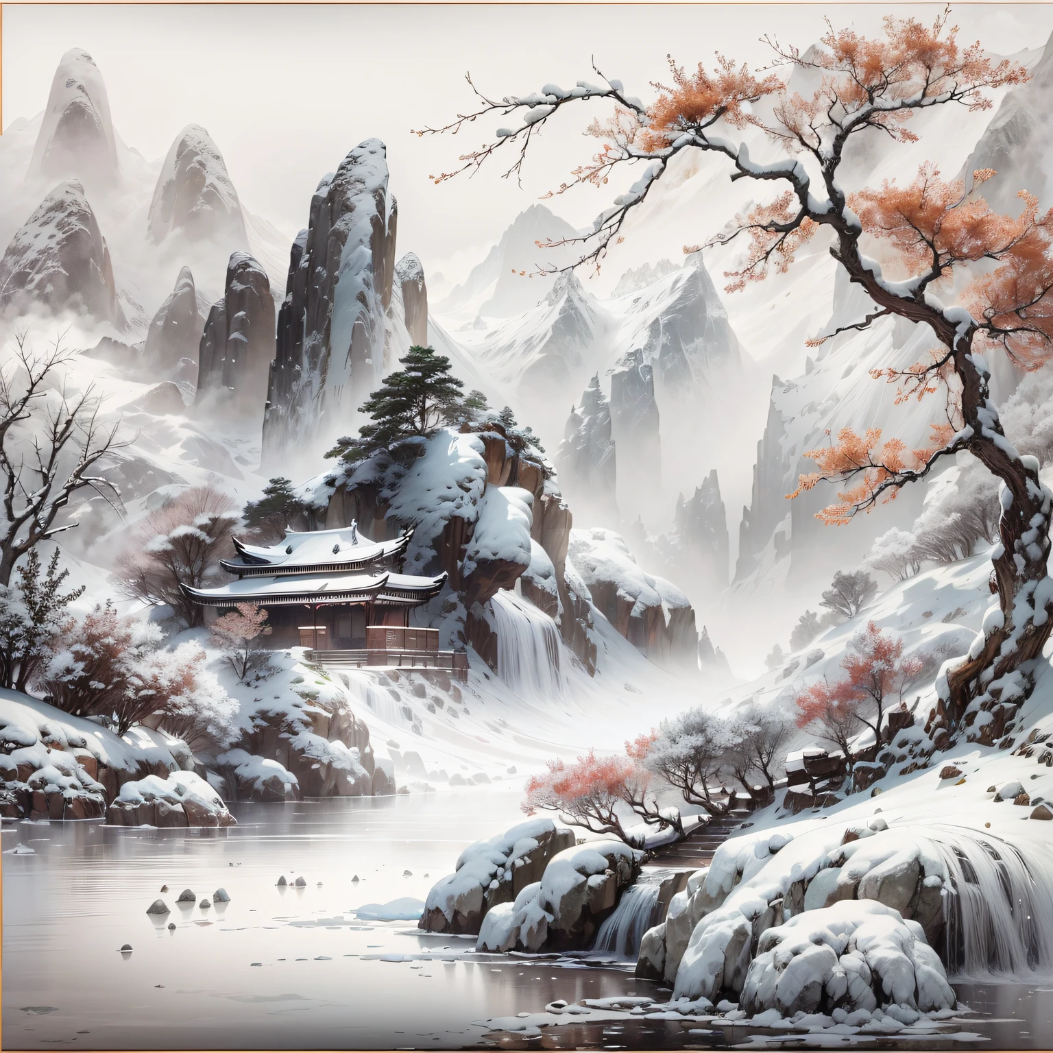 (Best quality,4K,8K,A high resolution,tmasterpiece:1.2),ultra - detailed,(actual,realistically,realisticlying:1.37),Tradition Chinese Ink Painting,Winter wonderland,peaceful scenery,Majestic mountain ranges,snow covered trees,Frozen lake,Peaceful atmosphere,nature elements,Delicate brushstrokes,EtherealBeauty,Black and white contrast,Harmonious composition,exquisite detailing,Beautiful movements,Sublime tranquility,artistic response,sublime beauty,Endless depth,Exquisite artistic craftsmanship,Ancient aesthetics,Spiritual resonance,Traditional ink painting,Signed red seal,subtle flicker,quiet and ,Timeless elegance,mistic,Icy breathing,quiet contemplation,Fascinating visual poetry,cold winter air,Enchanting natural beauty,Unfathomable,a touch of mystery,strokes of life,Harmony in simplicity,Magnificent scene,The wisdom of the ancients,transcendent experience.