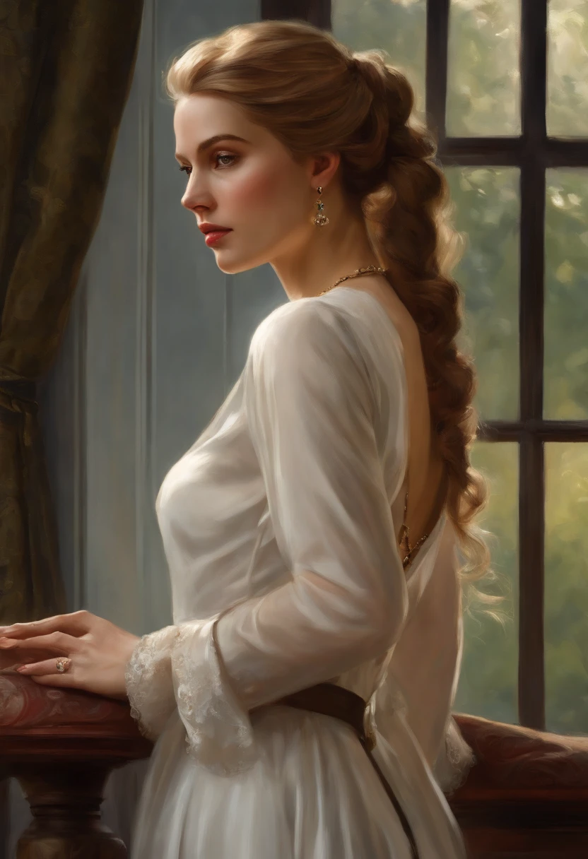 Master paintings,A nobleman's daughter,White race,European and American faces,(15 years:1.4),young woman,Urban,inside in the room,warm bottom,official dress,deep V-neck,high ponytail,(Boobs small are exposed:1.ink halo,gem necklace,bracelet,afraid