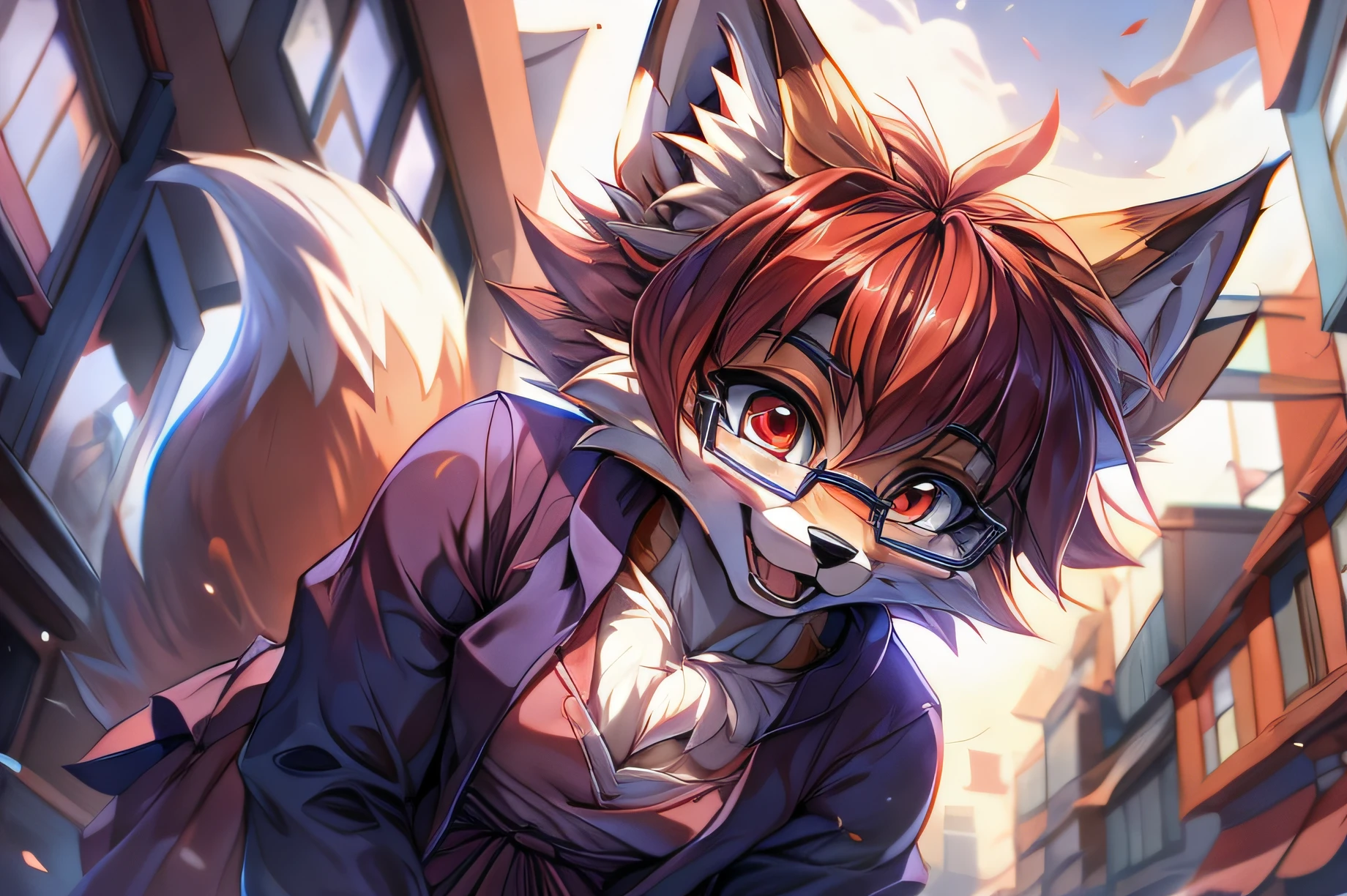 fox furry girl with short red hair, fluffy hair shy, beautiful red eyes, wearing glasses,  very  fluffy tail, small chest, fluffy chest, 17 years old, happy , happy mouth, young body, Good girl, wearing a cute purple modest cute outfit, leaning over, walking in the streets, being adorable, proud girl, wanting to be loved, low perspective, side perspective