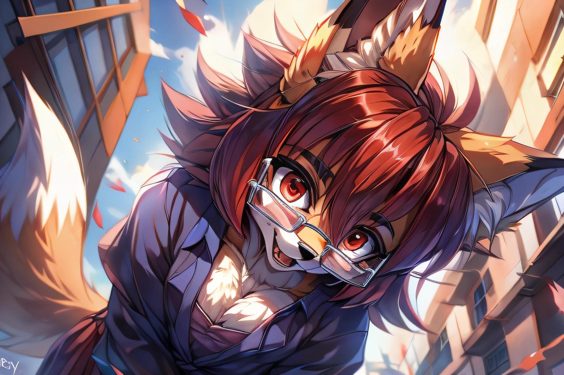 fox furry girl with short red hair, fluffy hair shy, beautiful red eyes, wearing glasses, very fluffy tail, small chest, fluffy chest, 17 years old, happy , happy mouth, young body, Good girl, wearing a cute purple modest cute outfit, leaning over, walking in the streets, being adorable, proud girl, wanting to be loved, low perspective, side perspective