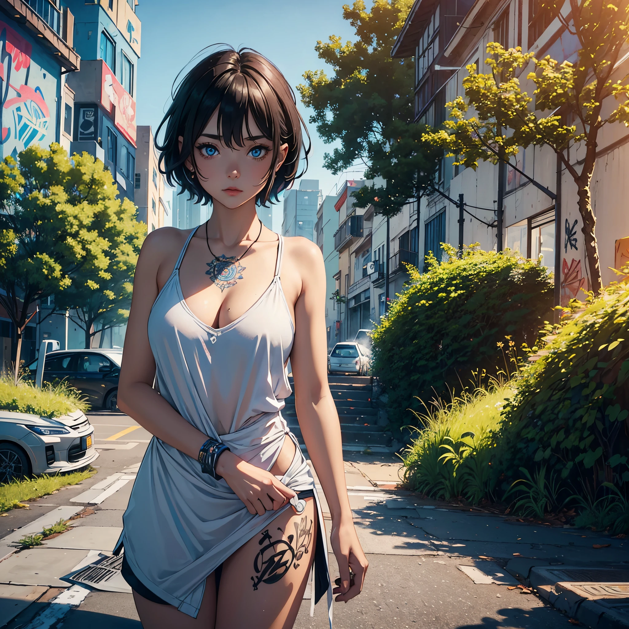1 girl, serene expression, mesmerizing blue eyes, short hair, streetwear, graffiti fashion, graffiti, poised posture, porcelain skin, subtle blush, golden hour, (rim lighting):1.2, warm tones, sun flare, soft shadows, vibrant colors, painterly effect, dreamy atmosphere BREAK city, graffiti art on walls, smog, cars, city roads, stylized world, ultra detailed, official art, unity 8k wallpaper , zentangle, mandala