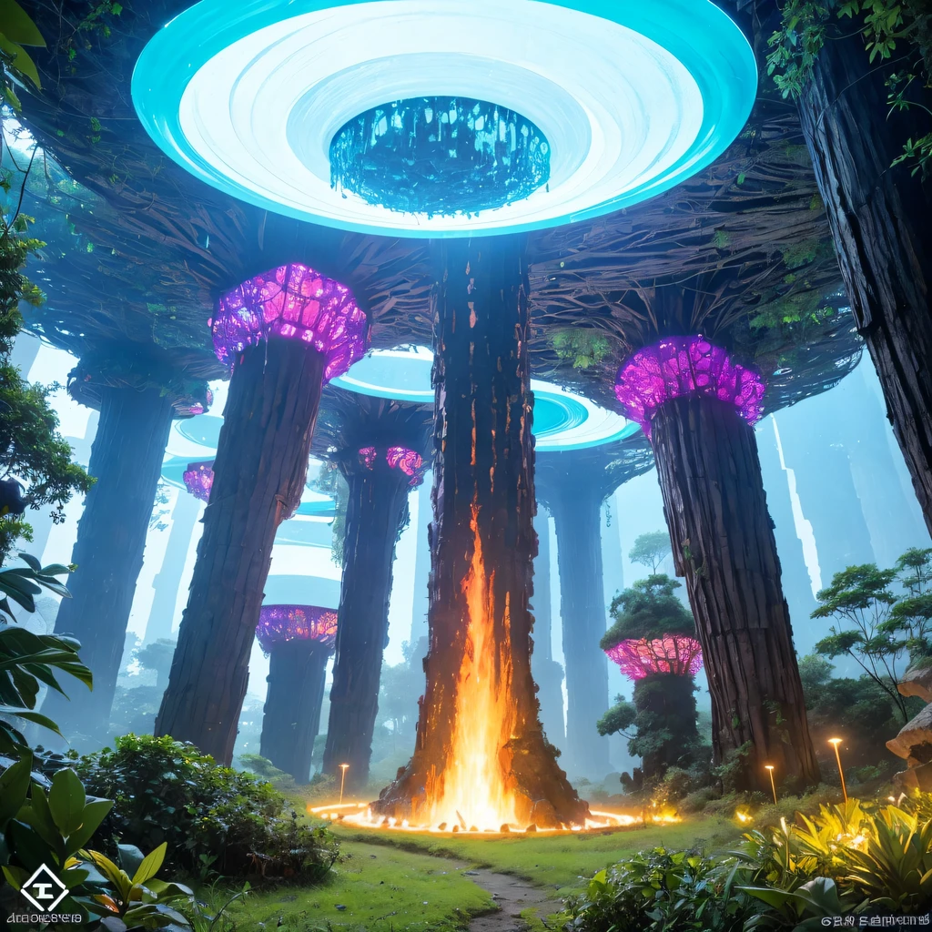 Alien Hexagonal Base (very detailed nipples) In a hexagonal mountain oasis,There are several hexagonal exhaust fans and chimneys, some neon lights projecting from the base,Light up the dark night), There are some clouds in the night sky, Some surrounding planets provide air to unknown planets,The most remote giant hexagonal volcano erupts,the rainforest