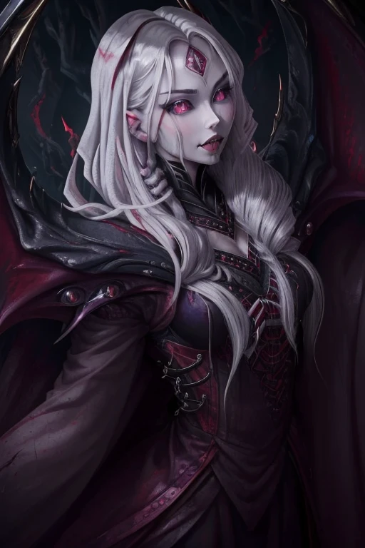 Vampire Girl , Masterpiece, ,(独奏:1.1), a perfect face, (vivid lighting:1.2),beautiful detail eyes, extremely detailed face, perfect  lighting,Masterpiece, Best Quality, 1girl, pale skin, hairlong, 20years old , red eyes, fangs, A glass of blood in his hand, Complex hairstyle, vampire fangs, open mouth, sharp teeth, vampire fangs, in full height , seductive position, Silver hair