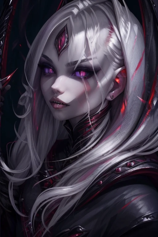 Vampire Girl , Masterpiece, ,(独奏:1.1), a perfect face, (vivid lighting:1.2),beautiful detail eyes, extremely detailed face, perfect  lighting,Masterpiece, Best Quality, 1girl, pale skin, hairlong, 20years old , red eyes, fangs, A glass of blood in his hand, Complex hairstyle, vampire fangs, open mouth, sharp teeth, vampire fangs, in full height , seductive position, Silver hair