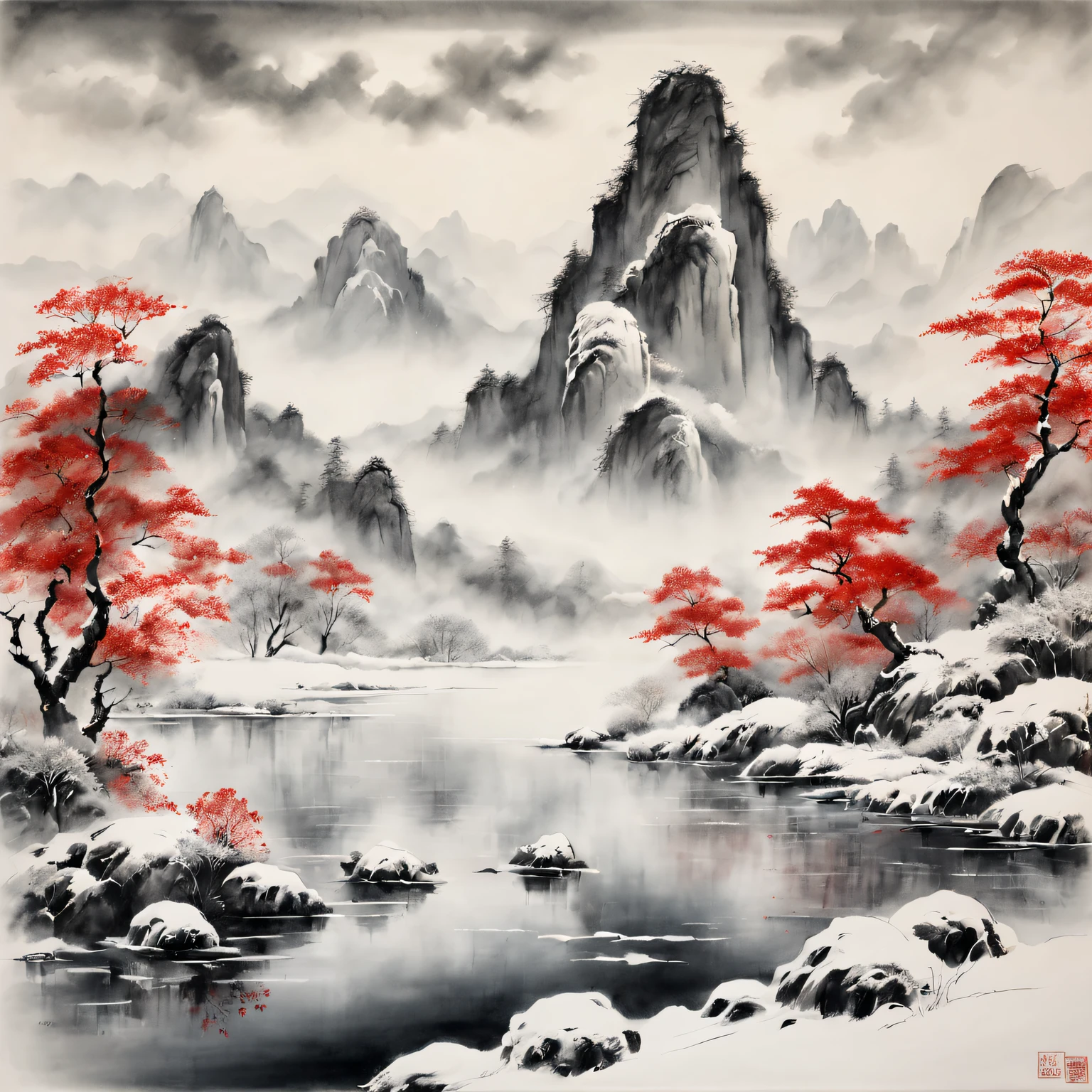 Tradition Chinese Ink Painting,Winter wonderland,peaceful scenery,Majestic mountain ranges,snow covered trees,Frozen lake,Peaceful atmosphere,nature elements,Delicate brushstrokes,EtherealBeauty,Black and white contrast,Harmonious composition,exquisite detailing,Beautiful movements,Sublime tranquility,artistic response,sublime beauty,Endless depth,Exquisite artistic craftsmanship,Ancient aesthetics,Spiritual resonance,Traditional ink painting,Signed red seal,subtle flicker,quiet and ,Timeless elegance,mistic,Icy breathing,quiet contemplation,Fascinating visual poetry,cold winter air,Enchanting natural beauty,Unfathomable,a touch of mystery,strokes of life,Harmony in simplicity,Magnificent scene,The wisdom of the ancients,transcendent experience.