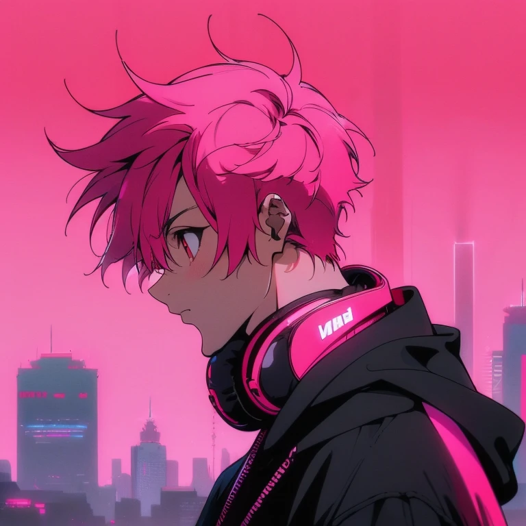 (short-cut), (Two-block hair), (vivid pink hair), (male character), (Red Eyes), (Cool pose), (of the highest quality), (masterpiece), (ultra-detailliert), (Oversized hoodies), (headphones), (Street), (neons), (Camera from a down angle), (Modern City), (Neon Daylight), (Cinematic), (Stylish), (hight resolution), (Hyper Detailed), (Looking at the camera), (Anime-style), (Softtown), (nightcore), (a handsome man), (Listening to music), (natural appearance of the building), (casual), (ig studios anime style),