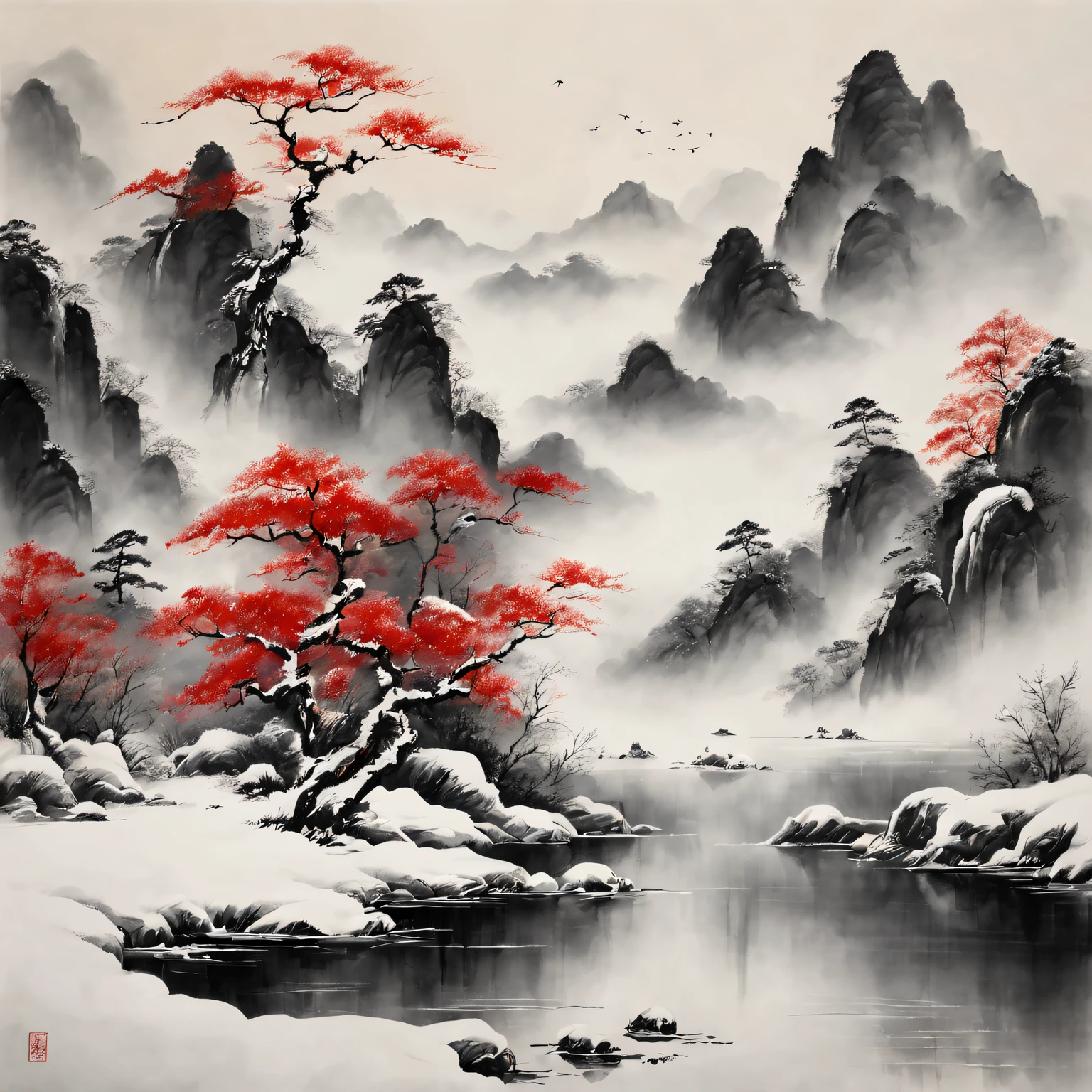 Tradition Chinese Ink Painting,Winter wonderland,peaceful scenery,Majestic mountain ranges,snow covered trees,Frozen lake,Peaceful atmosphere,nature elements,Delicate brushstrokes,EtherealBeauty,Black and white contrast,Harmonious composition,exquisite detailing,Beautiful movements,Sublime tranquility,artistic response,sublime beauty,Endless depth,Exquisite artistic craftsmanship,Ancient aesthetics,Spiritual resonance,Traditional ink painting,Signed red seal,subtle flicker,quiet and ,Timeless elegance,mistic,Icy breathing,quiet contemplation,Fascinating visual poetry,cold winter air,Enchanting natural beauty,Unfathomable,a touch of mystery,strokes of life,Harmony in simplicity,Magnificent scene,The wisdom of the ancients,transcendent experience.