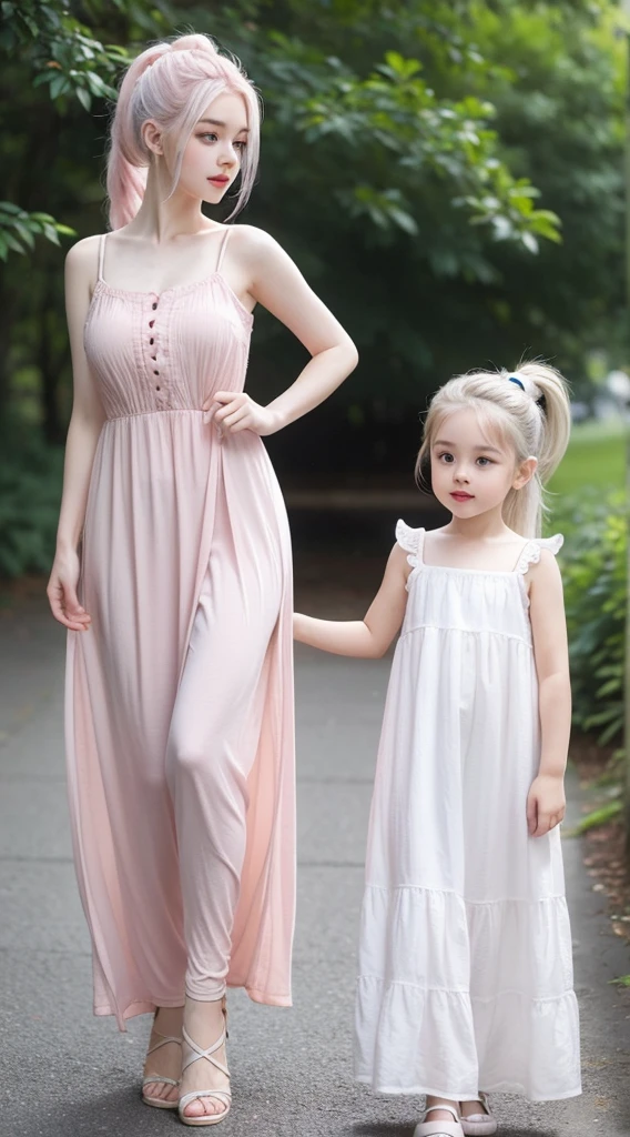 A adorable cute little girl standing, wearing maxi dress, pale skin, smooth pale skin, skin tune pink, cute face, white hair, ponytail hair, super detailed, 8k