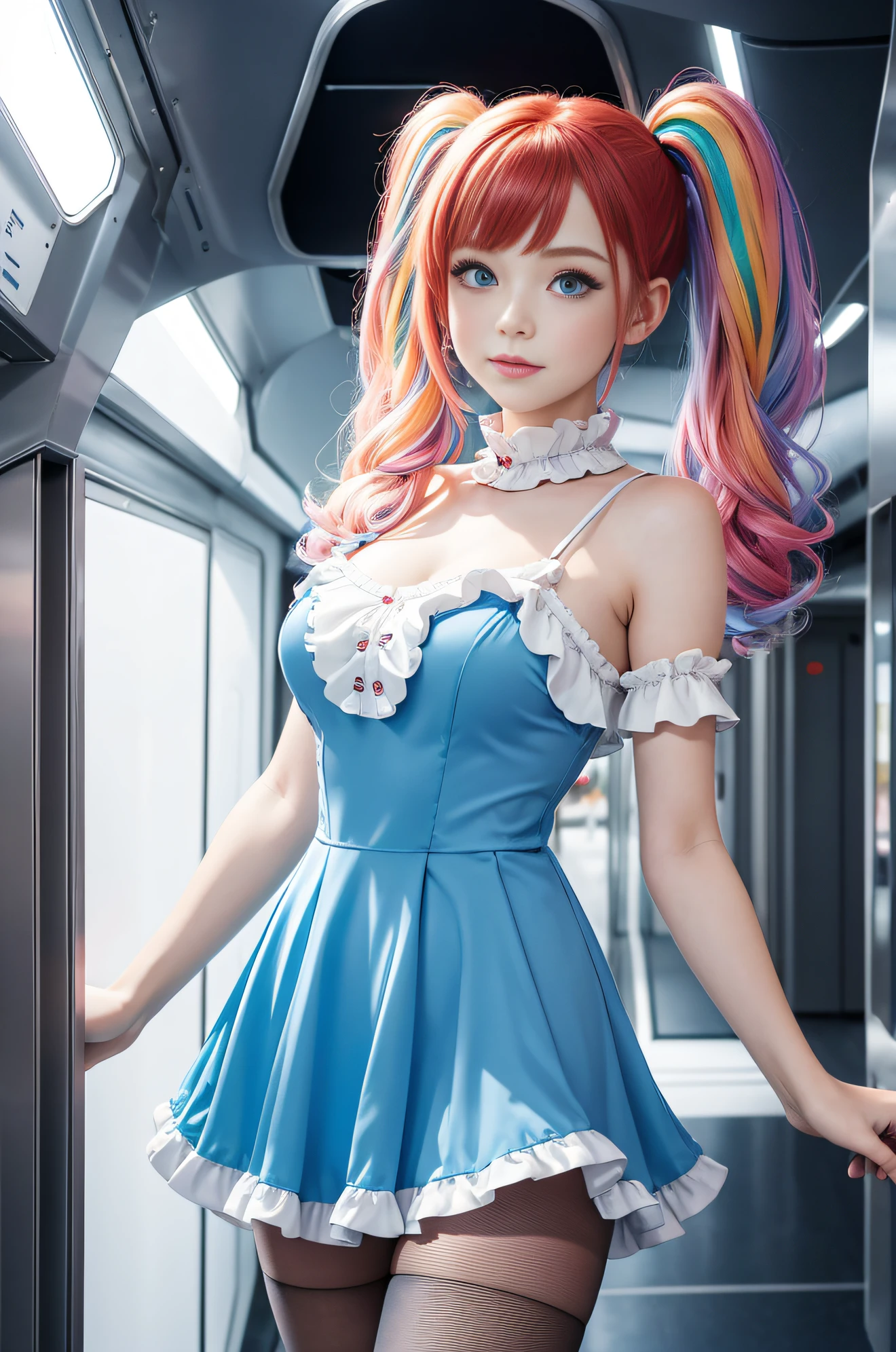Cute redhead with rainbow colored hair tips, ribbons in her hair, 18-year-old woman, happy, in twin tails, perfect symmetrical eyes, clear sparkling blue eyes, pale skin, silky smooth skin, standing on a fancy metal luxurious space ship, futuristic corridor, dark warm lighting, wearing a futuristic party dress, pleated (chemise) mini dress (pastel rainbow colors, and polka dots), wearing full body pantyhose, cute short cut booties.