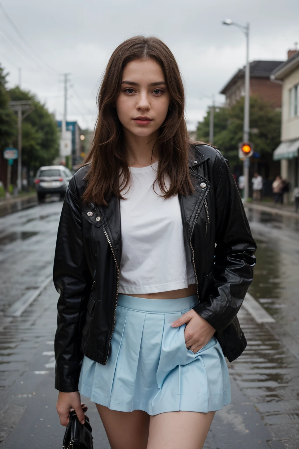 A busy road with rainy day.
There a beautiful girl with shaggy hair wearing opened black latex jacket showing sailor school uniform with light blue skirt