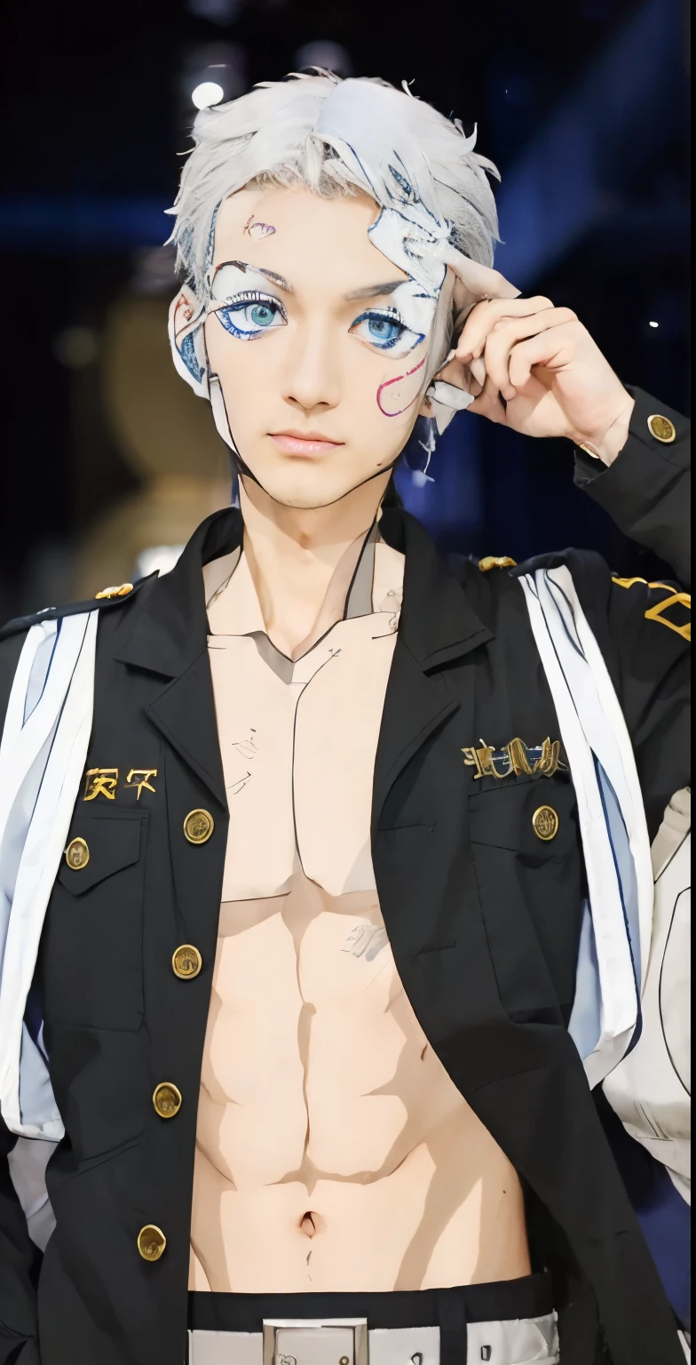 (masterpiece), (realistic), (ultra detailed), ( high reest quality), (photorealistic), Male, man, Takashi mitsuya from tokyo revengers , tall  guy with blue eyes, male anime character, (wearing the Tokyo Manji uniform), white hair, ((Takashi Mitsuya hairs style)), detailed hair, detailed body, detailed eyes, detailed mouth, detailed nose, detailed charcter