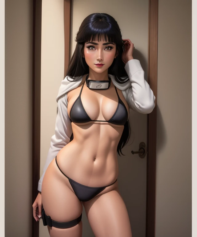 Obra-prima, alta resolução, alta qualidade, rosto detalhado, Detailed view of the body, dedos detalhados, beautiful hands, 1girl, solo, Hyūga Hinata, seios grandes, seios grande, Athletic body, micro bikini,  Dark lips, mamilo, standingn, blush, (no quarto)