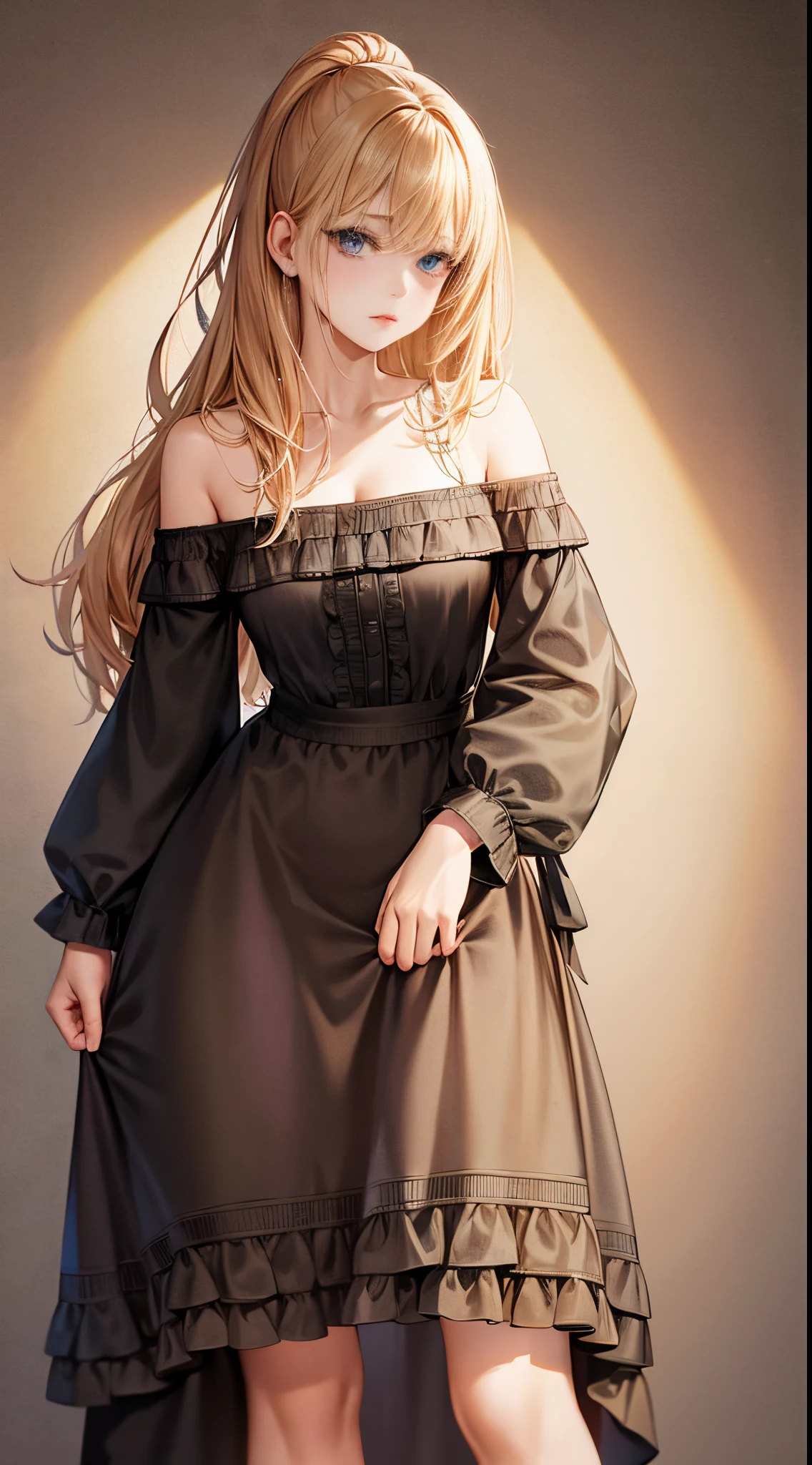 western fantasy，victoriana，A beautyful girl，The stands up，Plain clothing and  clothing，No hats，shift dresses，Nightdress，skirt off shoulder