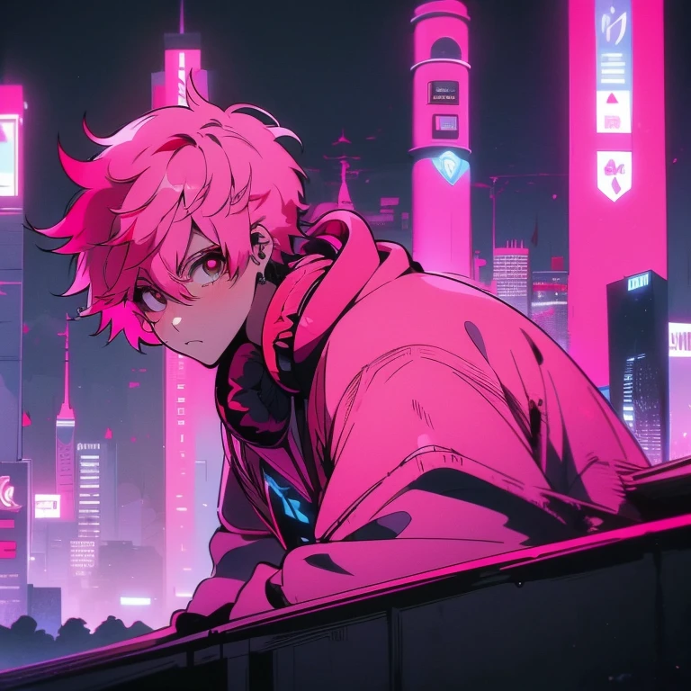 (short-cut), (Two-block hair), (vivid pink hair), (male character), (Red Eyes), (Cool pose), (of the highest quality), (masterpiece), (ultra-detailliert), (Oversized hoodies), (headphones), (Street), (neons), (Camera from a down angle), (Modern City), (Neon Daylight), (Cinematic), (Stylish), (hight resolution), (Hyper Detailed), (Looking at the camera), (Anime-style), (Softtown), (nightcore), (a handsome man), (Listening to music), (natural appearance of the building), (casual), (ig studios anime style),