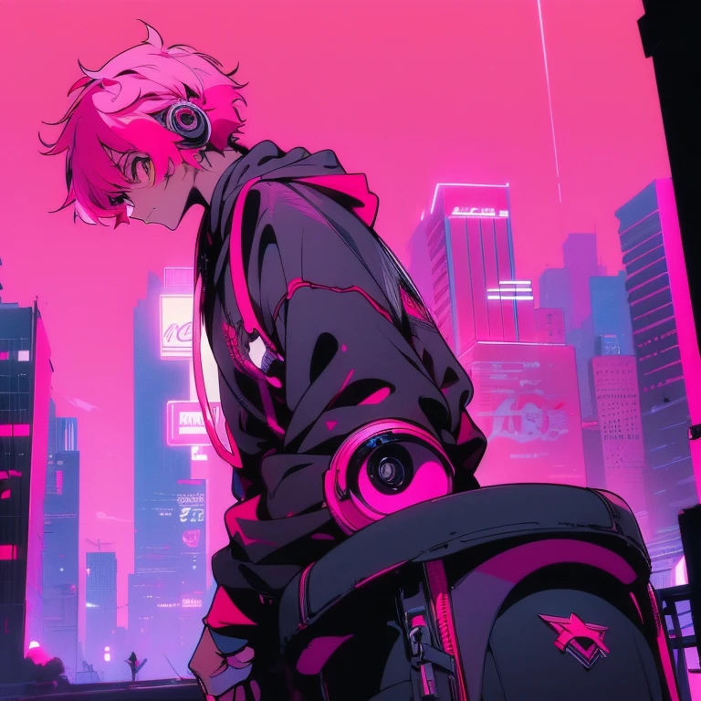 (short-cut), (Two-block hair), (vivid pink hair), (male character), (Red Eyes), (Cool pose), (of the highest quality), (masterpiece), (ultra-detailliert), (Oversized hoodies), (headphones), (Street), (neons), (Camera from a down angle), (Modern City), (Neon Daylight), (Cinematic), (Stylish), (hight resolution), (Hyper Detailed), (Looking at the camera), (Anime-style), (Softtown), (nightcore), (a handsome man), (Listening to music), (natural appearance of the building), (casual), (ig studios anime style),