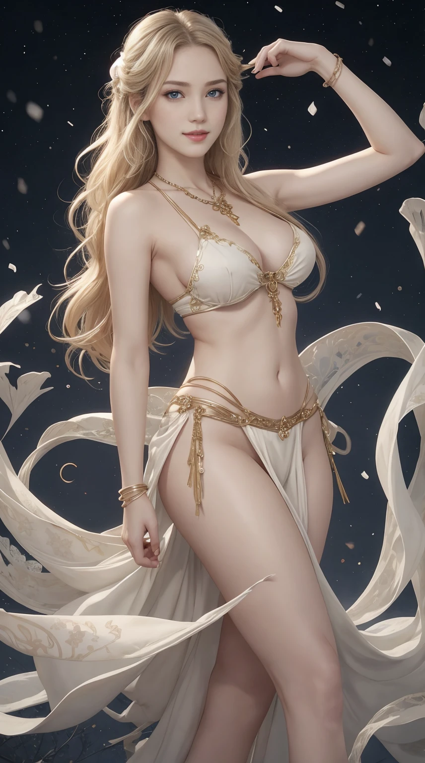 25-year-old Caucasian woman、ash blonde、blue eyess、Semi-long、setting hair、I'm tying my hair、My hair is wavy、Slender but thin macho、accessories on the wrist、wearing a chain necklace、Beautiful breasts、a smile、I need space above my head、She is wearing an ornate red belly dance costume.、Wearing high heels、Snowflakes are falling all over the screen、background art nouveau